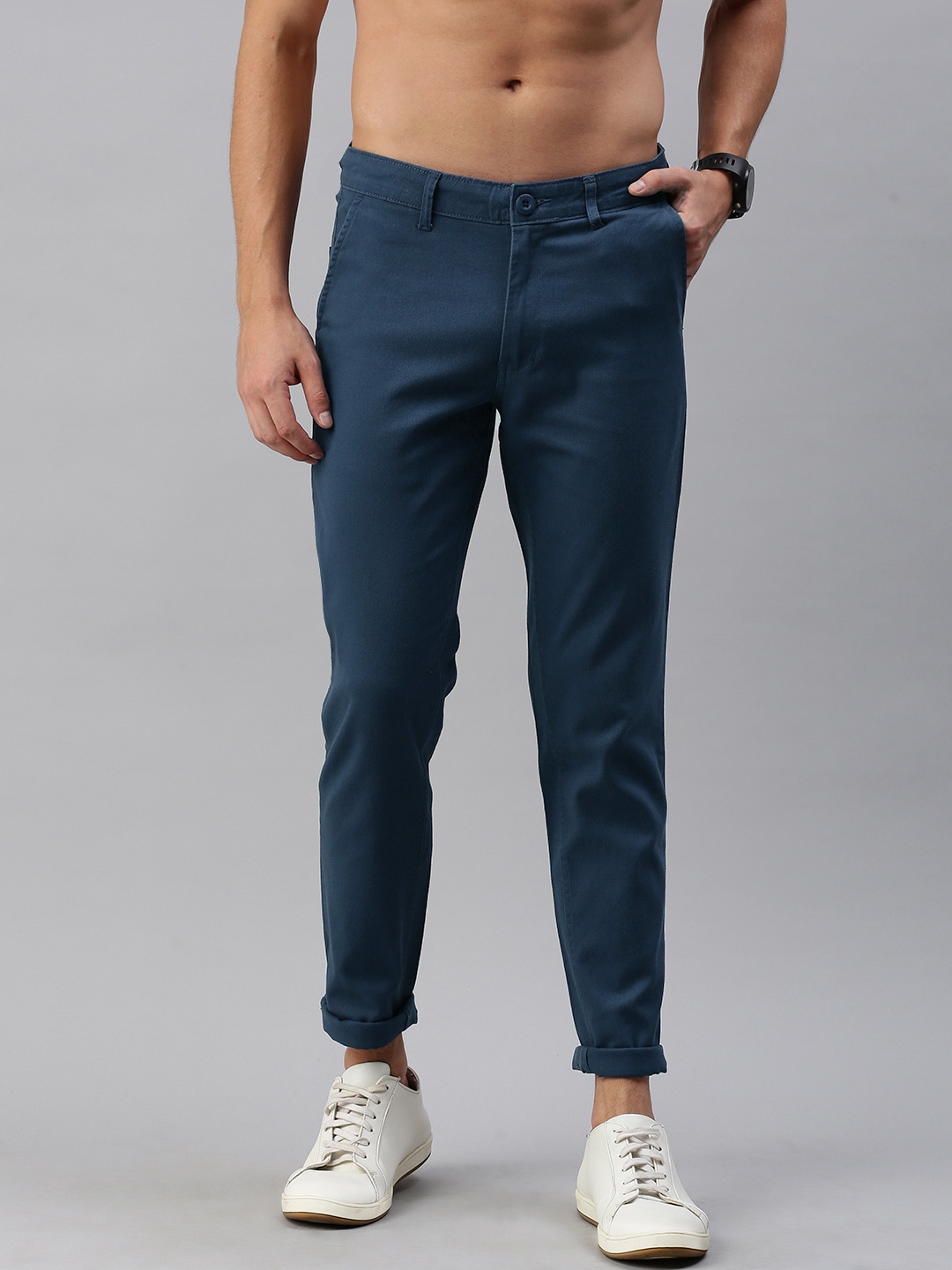 

Roadster Men Navy Blue Self Design Trousers