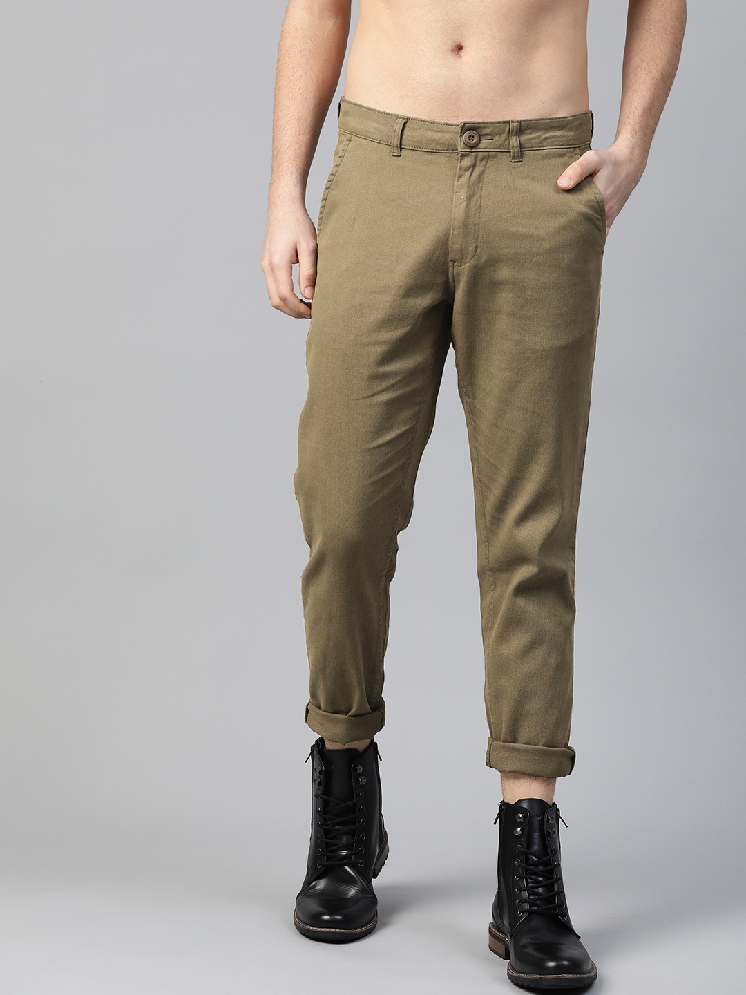 

Roadster Men Olive Green Solid Regular Trousers