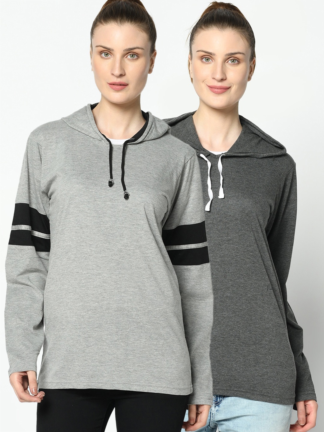 

VIMAL JONNEY Women Pack of 2 Solid Hood T-shirt, Grey melange