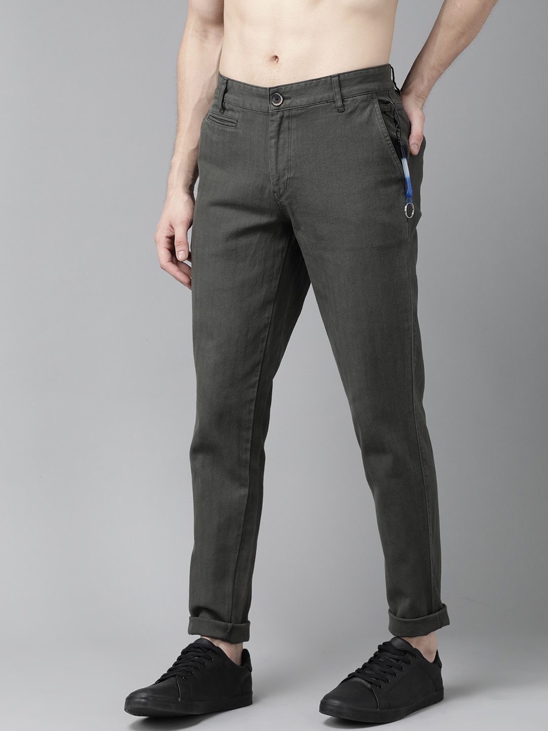 

Roadster Men Charcoal Grey Regular Fit Self-Striped Trousers