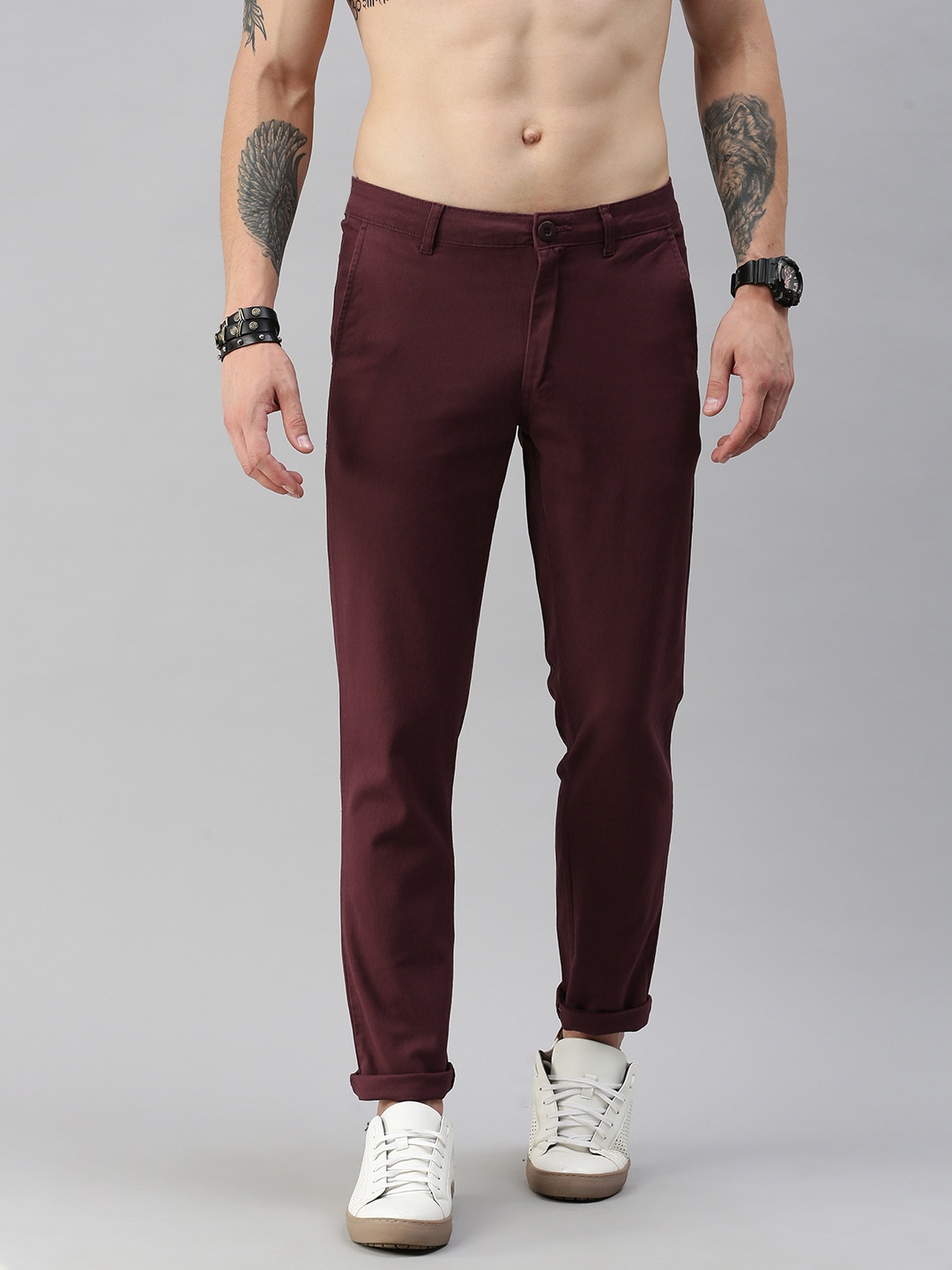 

Roadster Men Maroon Self Design Trousers
