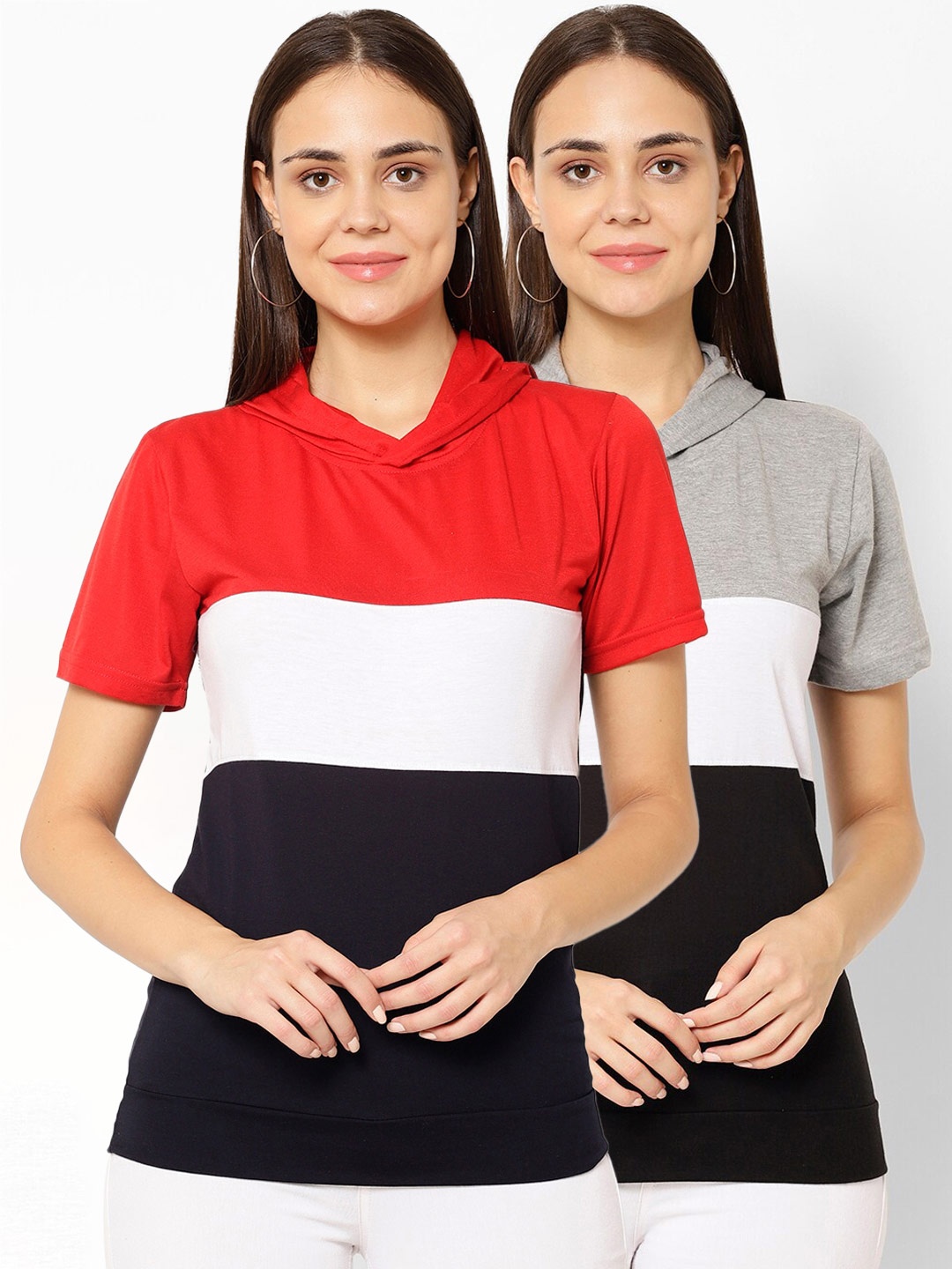 

VIMAL JONNEY Women Pack of 2 Colourblocked Hood T-shirt, Multi
