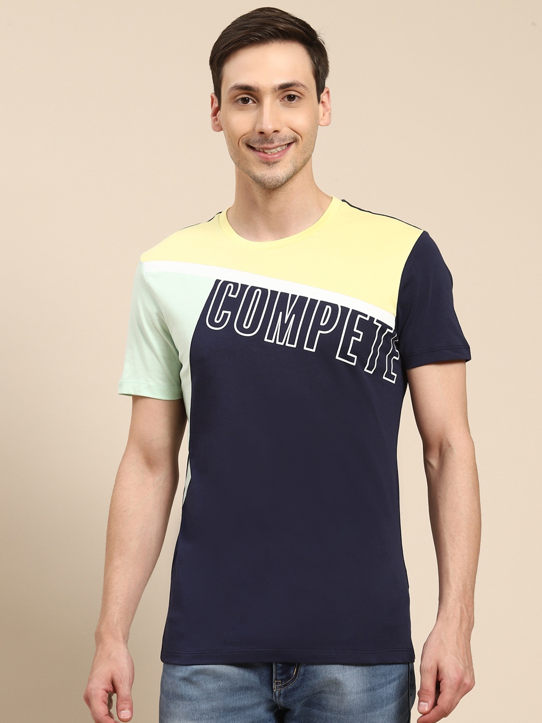 

United Colors of Benetton Men Navy Blue Colourblocked Round Neck Pure Cotton T-shirt