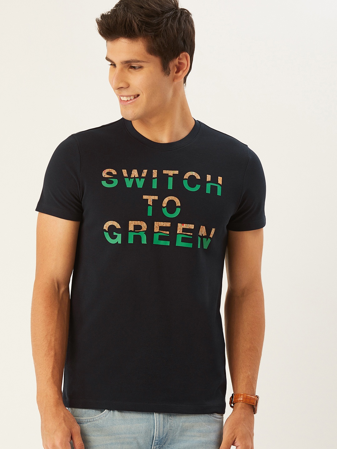 

United Colors of Benetton Men Navy Blue Green Typography Printed Pure Cotton T-shirt