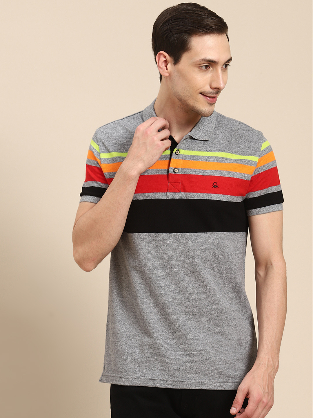 

United Colors of Benetton Men Grey Melange Red Striped Pure Cotton Polo Collar Pure Cotton T-shirt