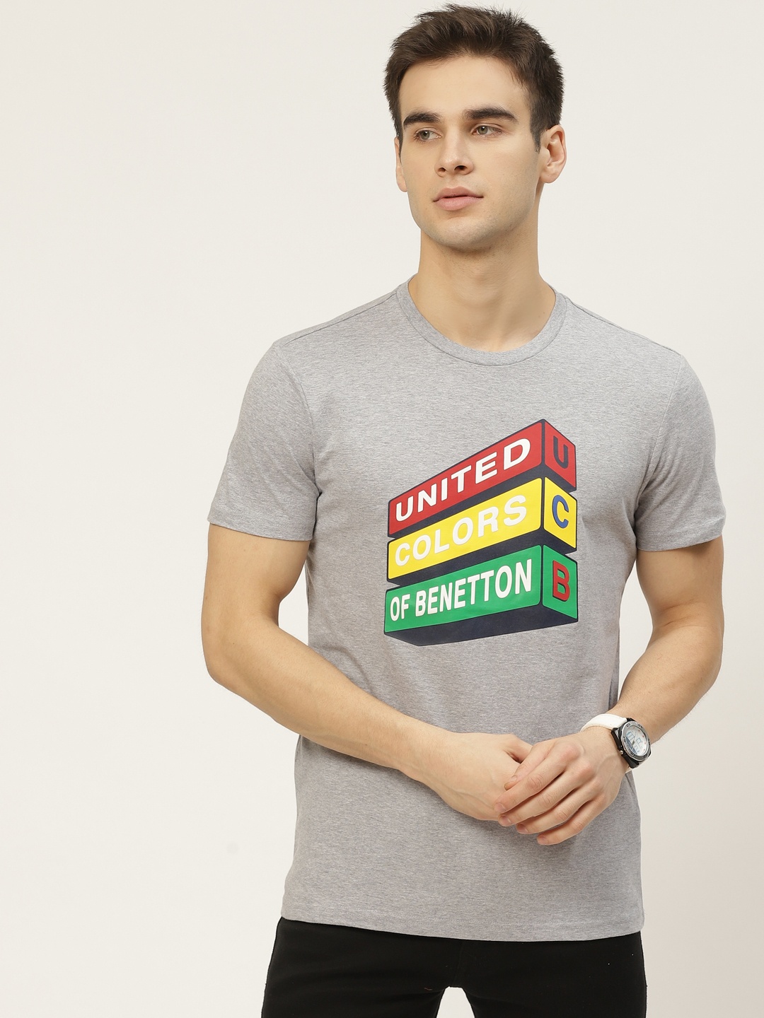 

United Colors of Benetton Men Grey Melange & Red Pure Cotton Printed Round Neck T-shirt