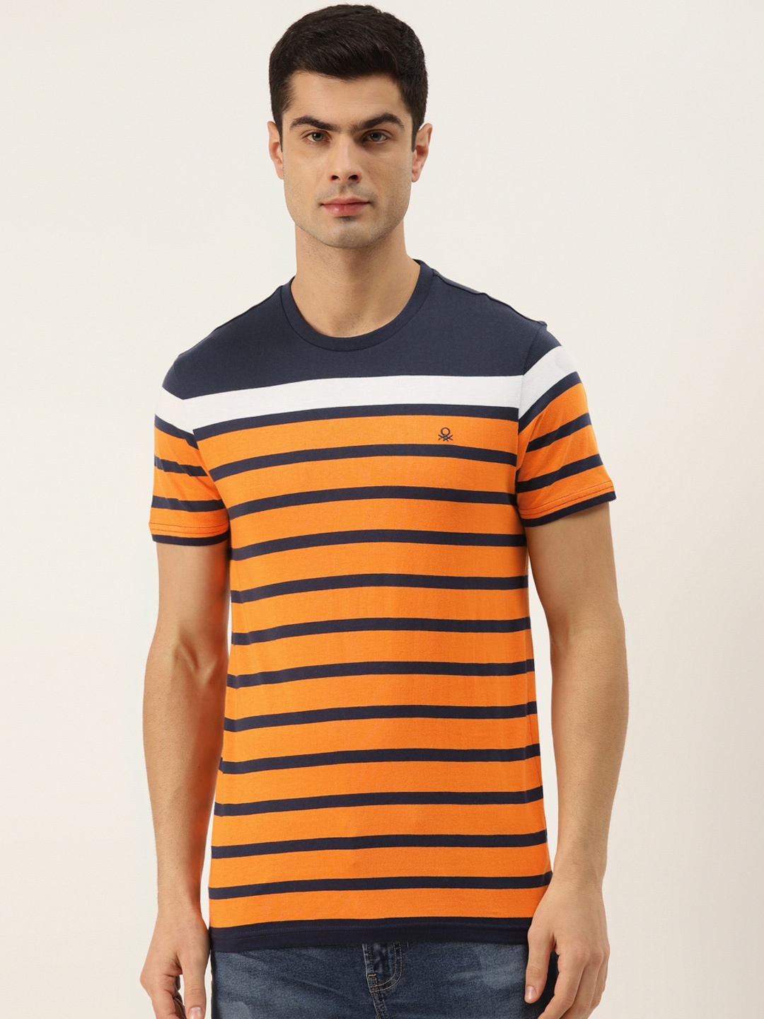 

United Colors of Benetton Men Orange Navy Blue Striped Pure Cotton T-shirt