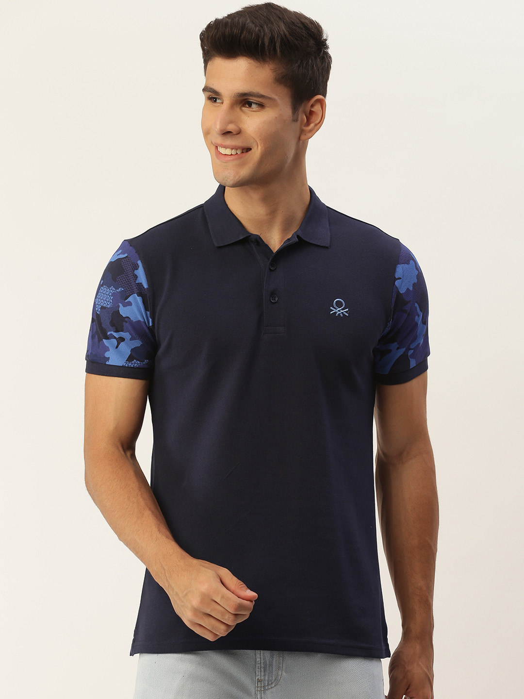 

United Colors of Benetton Men Navy Blue Cotton Polo Collar T-shirt
