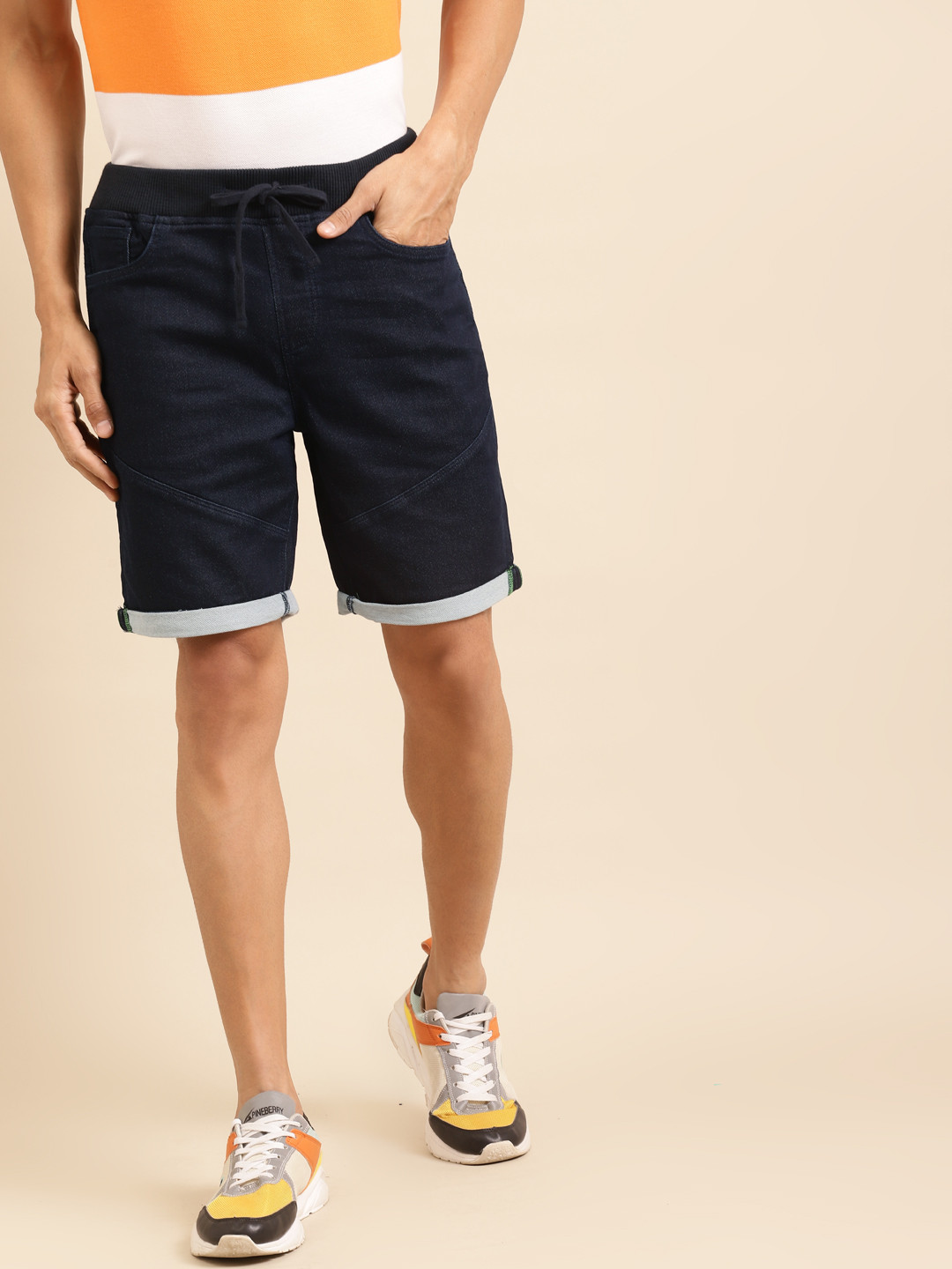 

United Colors of Benetton Men Navy Blue Solid Slim Fit Denim Shorts