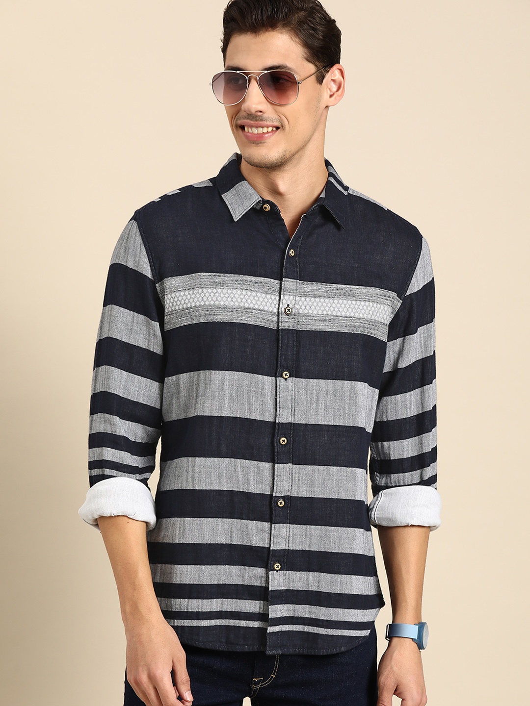 

United Colors of Benetton Men Navy Blue Pure Cotton Striped Casual Shirt