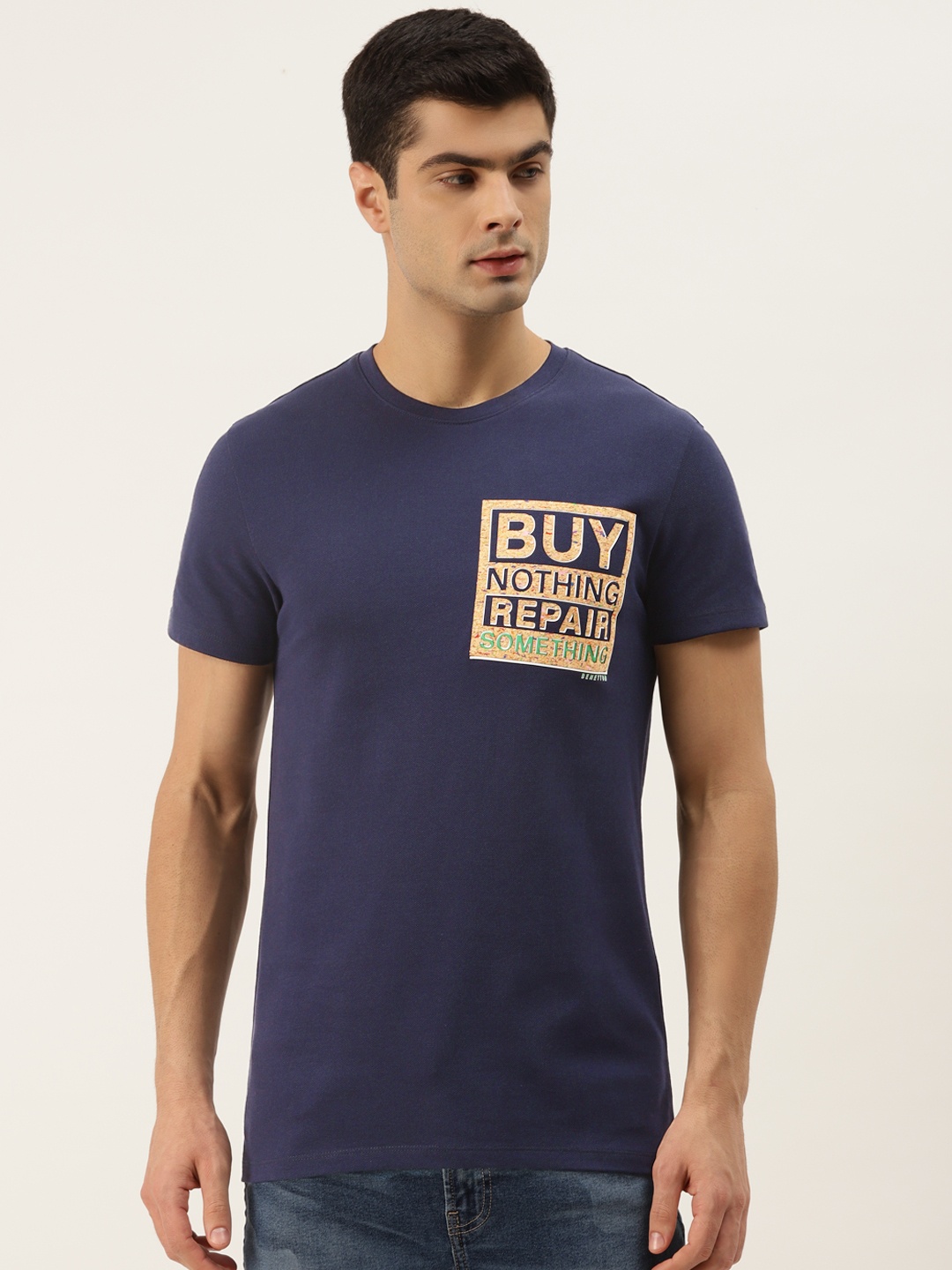 

United Colors of Benetton Men Navy Blue Typography Printed Pure Cotton T-shirt