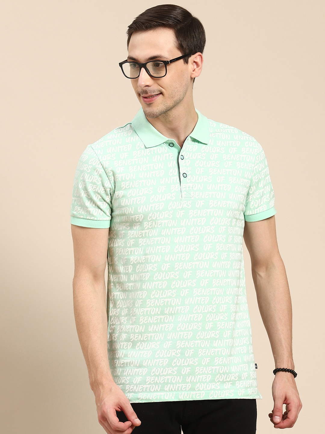 

United Colors of Benetton Men Green Pure Cotton Printed Polo Collar Pure Cotton T-shirt