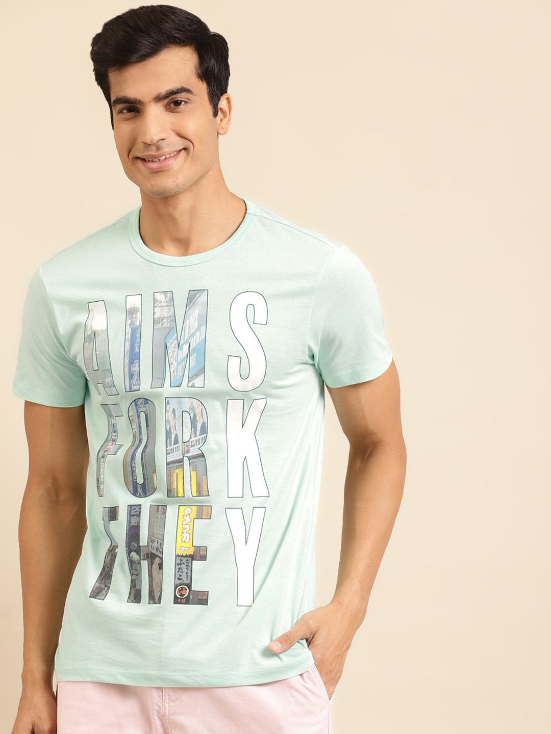 

United Colors of Benetton Men Sea Green White Printed Round Neck Pure Cotton T-shirt