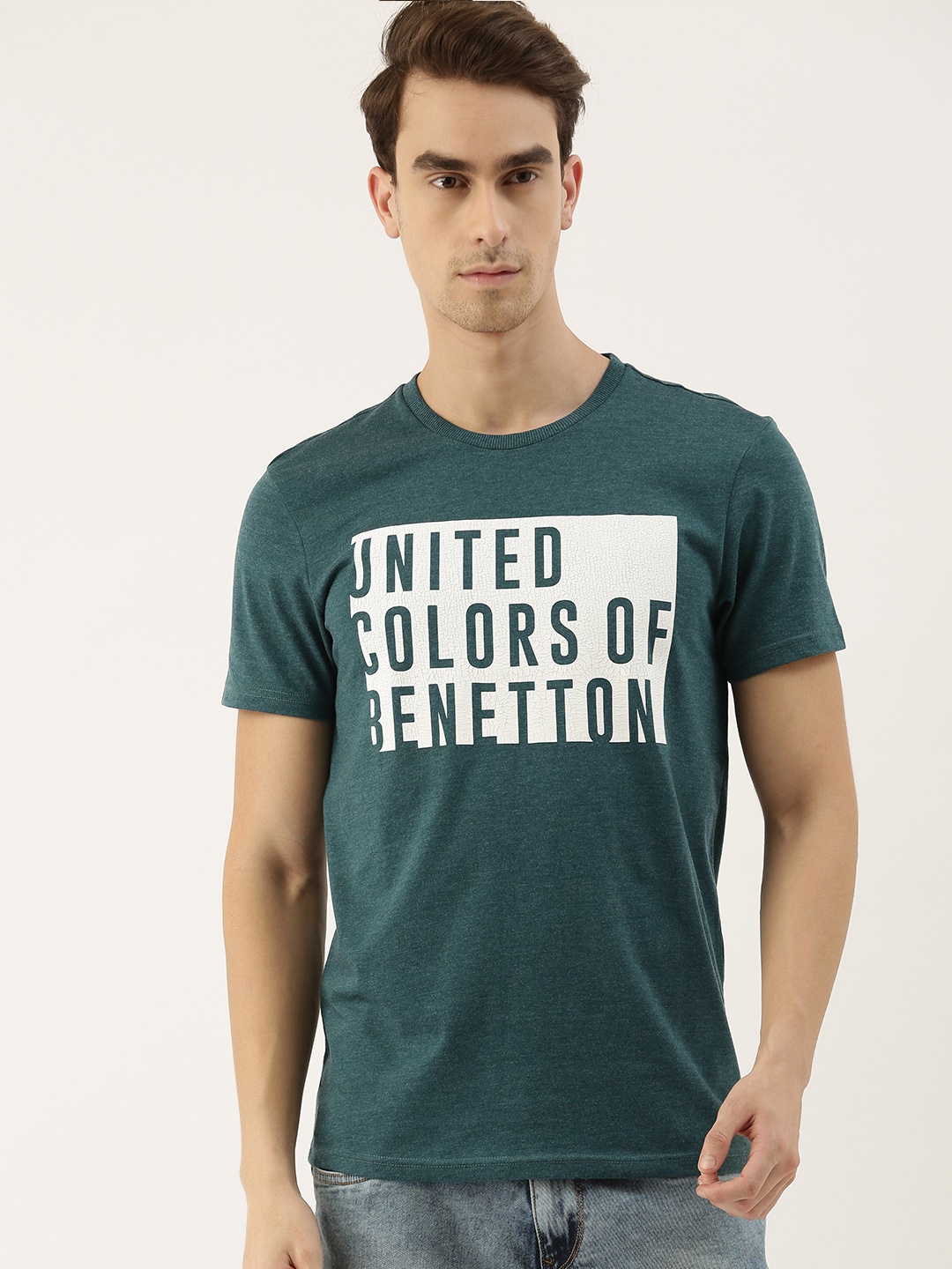 

United Colors of Benetton Men Green Printed Round Neck T-shirt