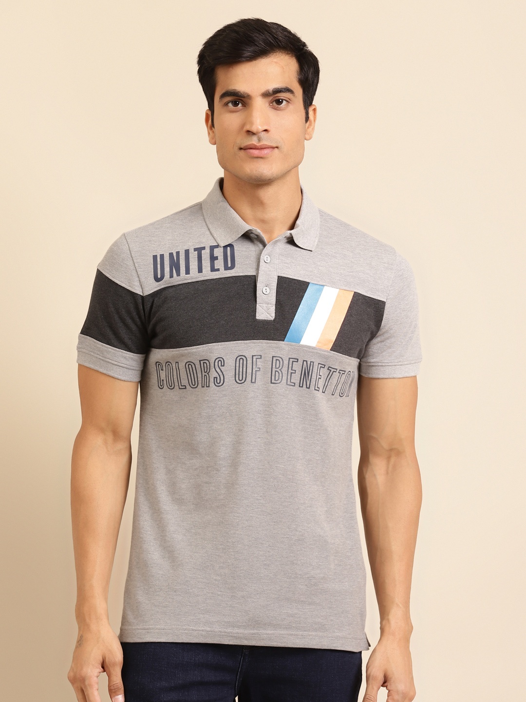 

United Colors of Benetton Men Grey Melange Printed Pure Cotton Polo Collar Pure Cotton T-shirt