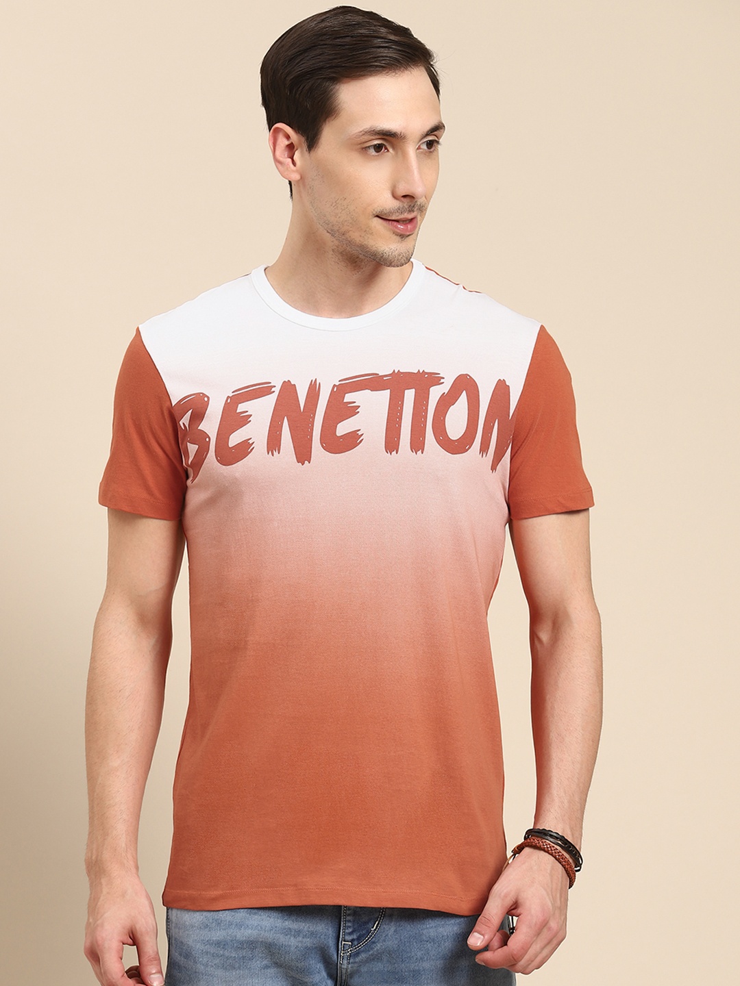 

United Colors of Benetton Men Orange Dyed Round Neck Pure Cotton T-shirt