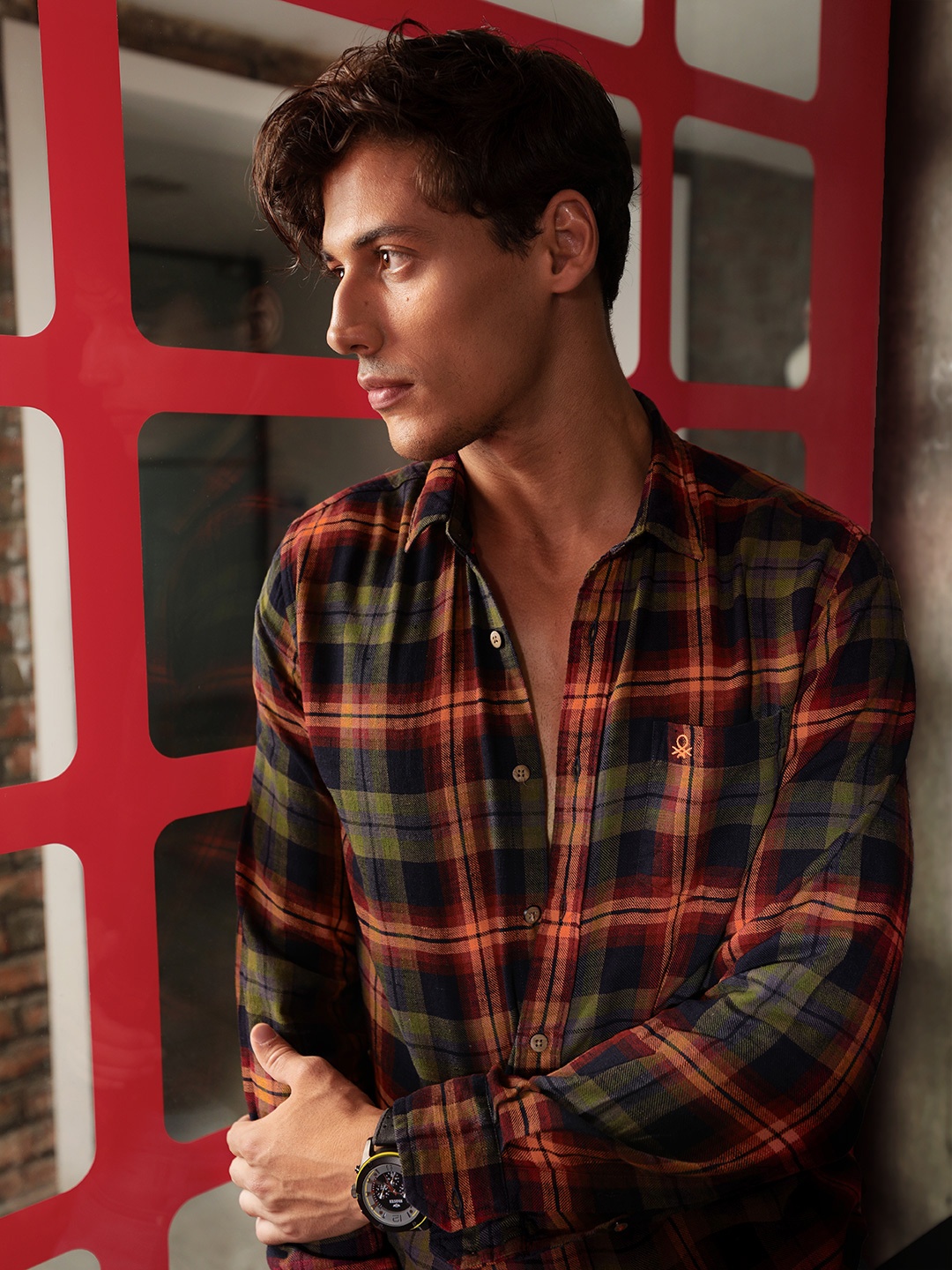 

United Colors of Benetton Men Navy Blue & Rust Orange Cotton Slim Checked Casual Shirt