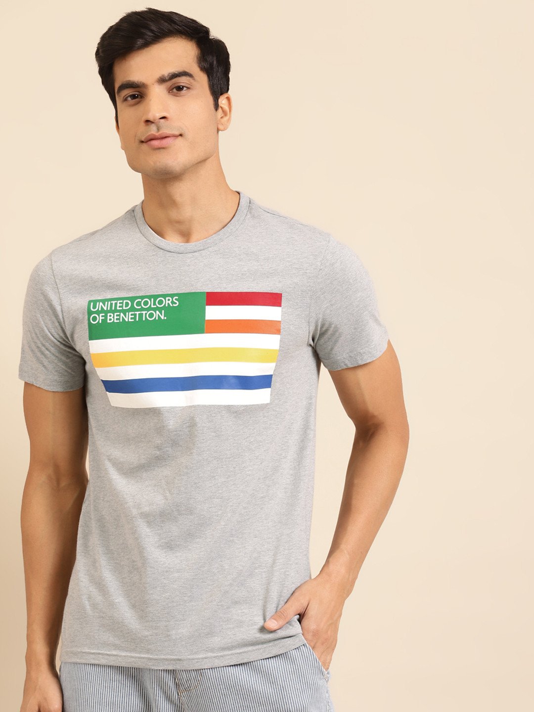 

United Colors of Benetton Men Sustainable Grey Melange White VIROBAN Striped Pure Cotton T-shirt