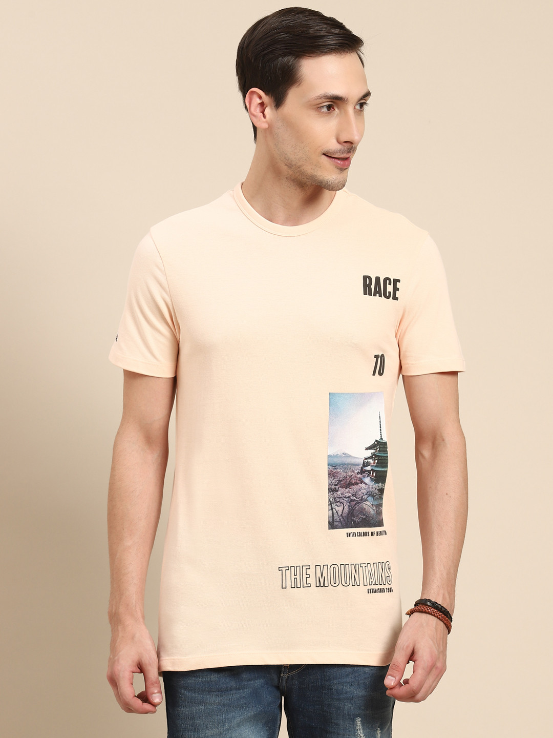 

United Colors of Benetton Men Peach-Coloured Printed Round Neck Pure Cotton T-shirt