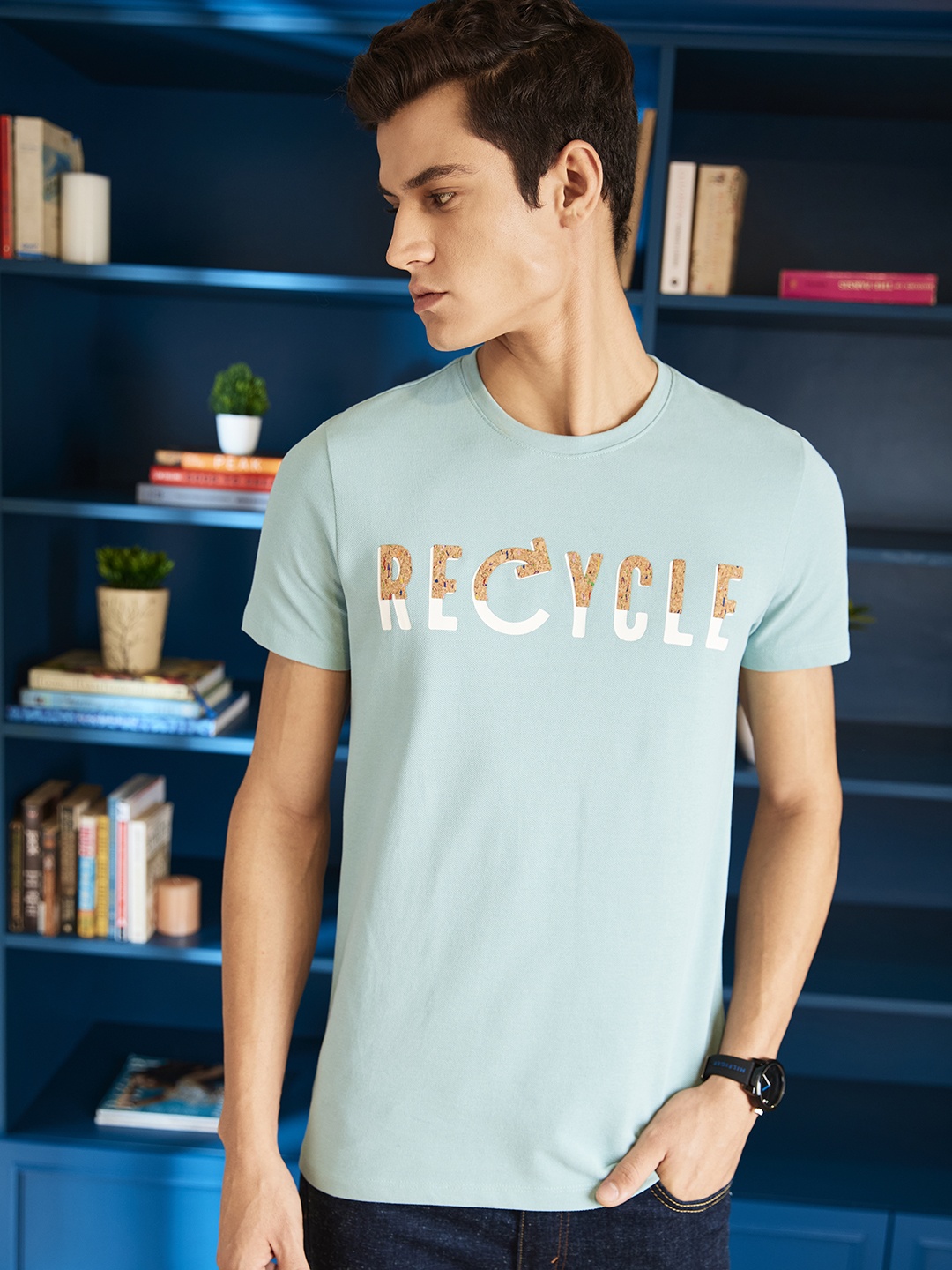 

United Colors of Benetton Men Green & Mustard Yellow Pure Cotton Printed T-shirt