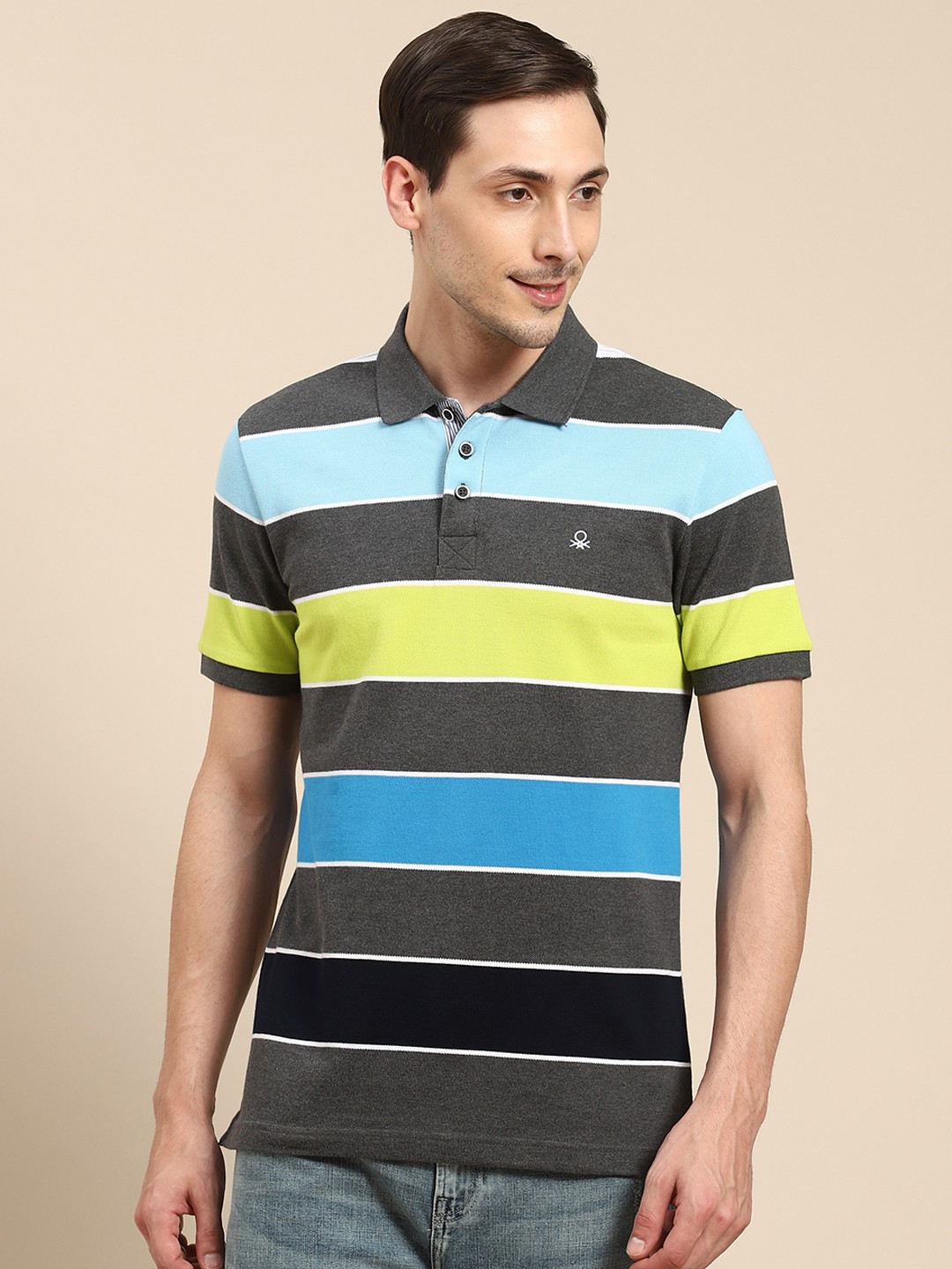 

United Colors of Benetton Men Charcoal Striped Polo Collar T-shirt