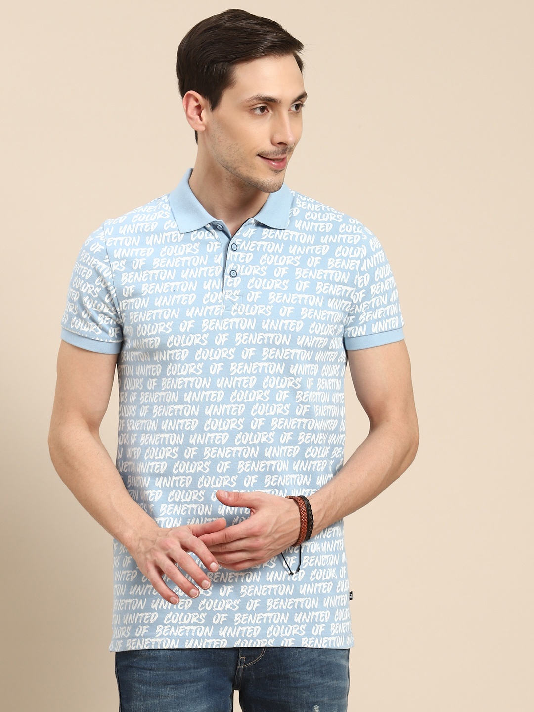 

United Colors of Benetton Men Blue Pure Cotton Printed Polo Collar Pure Cotton T-shirt