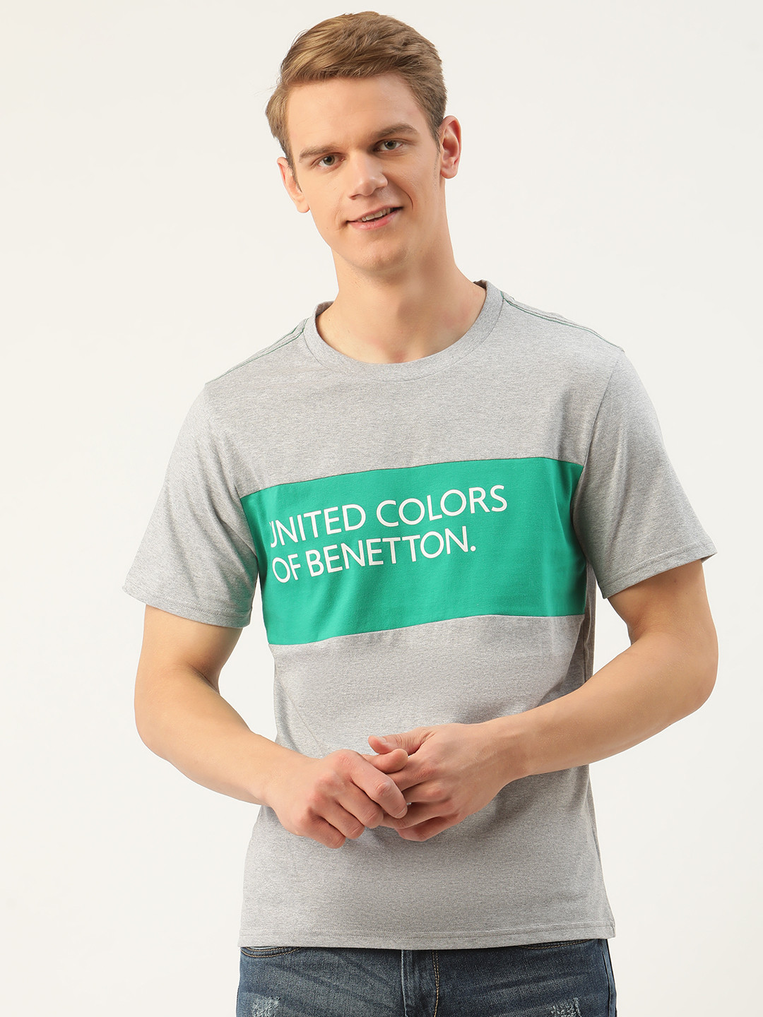 

United Colors of Benetton Men Grey Green Printed Round Neck Pure Cotton T-shirt