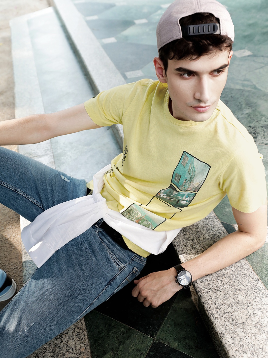 

United Colors of Benetton Men Yellow Printed Round Neck Pure Cotton T-shirt