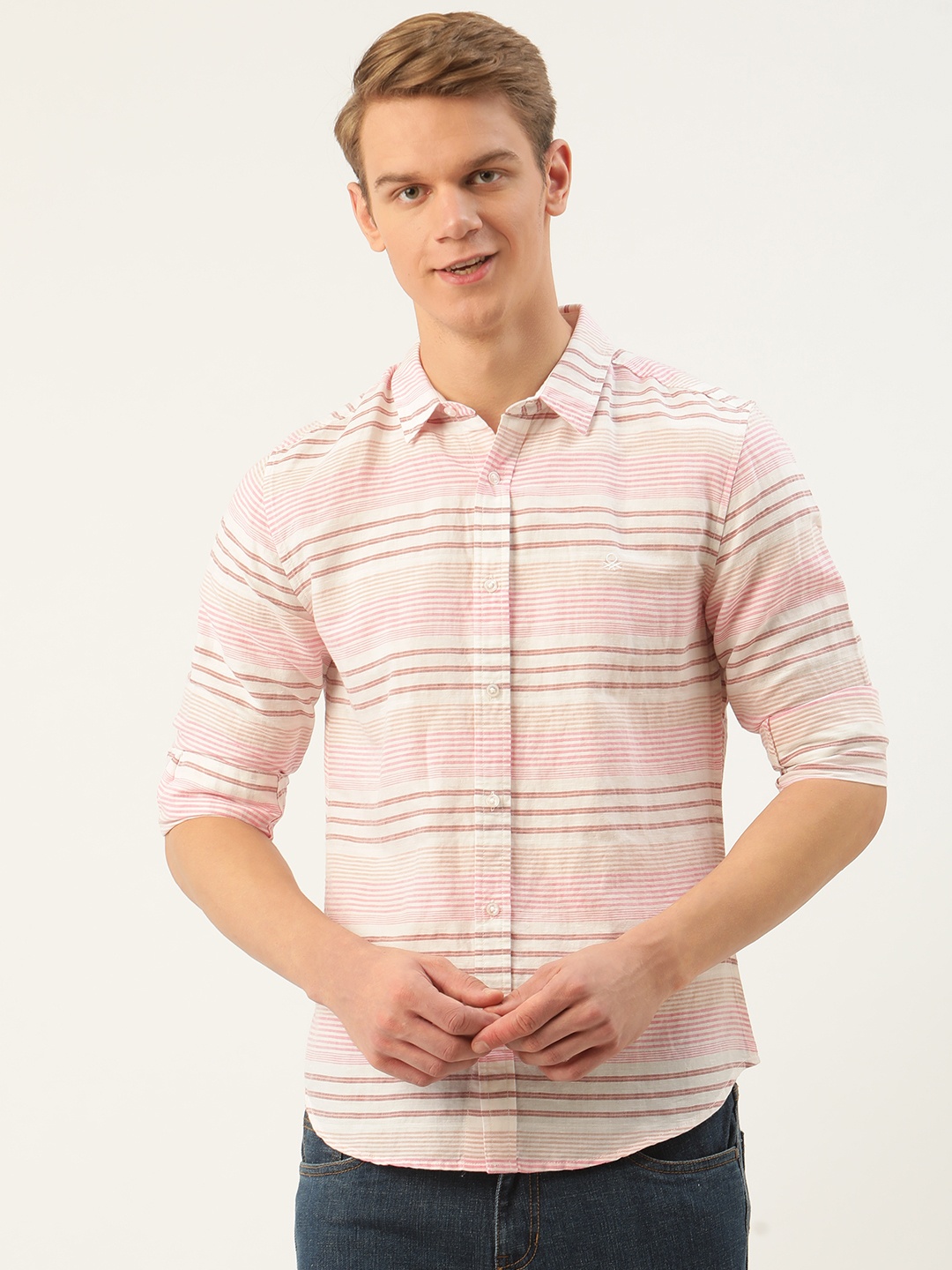 

United Colors of Benetton Men Pink & White Slim Fit Striped Casual Shirt