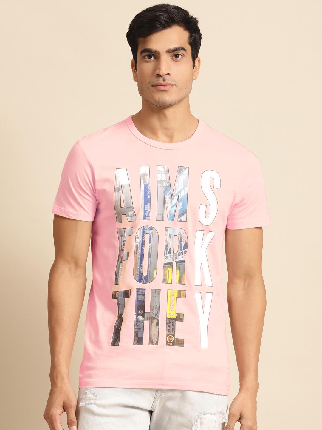 

United Colors of Benetton Men Pink & Grey Printed Pure Cotton Round Neck T-shirt