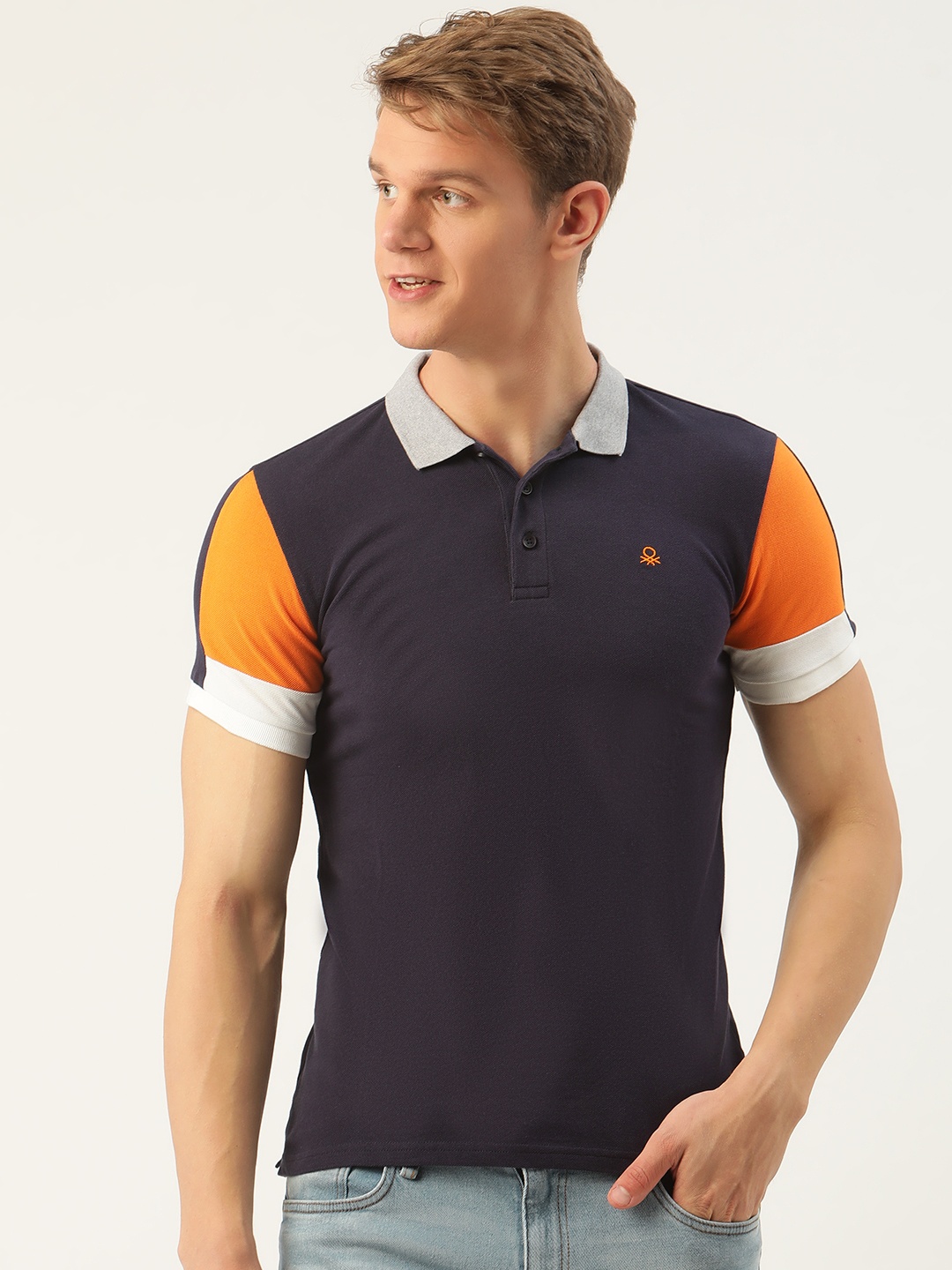 

United Colors of Benetton Men Navy Blue Solid Pure Cotton Polo Collar T-shirt