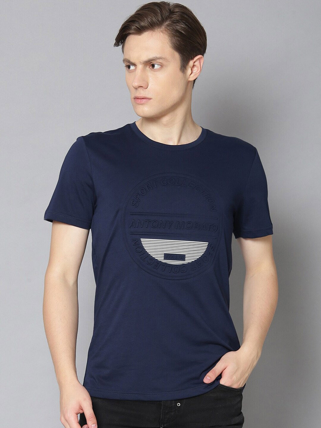 

Antony Morato Men Navy Blue Brand Logo Print Round Neck T-shirt
