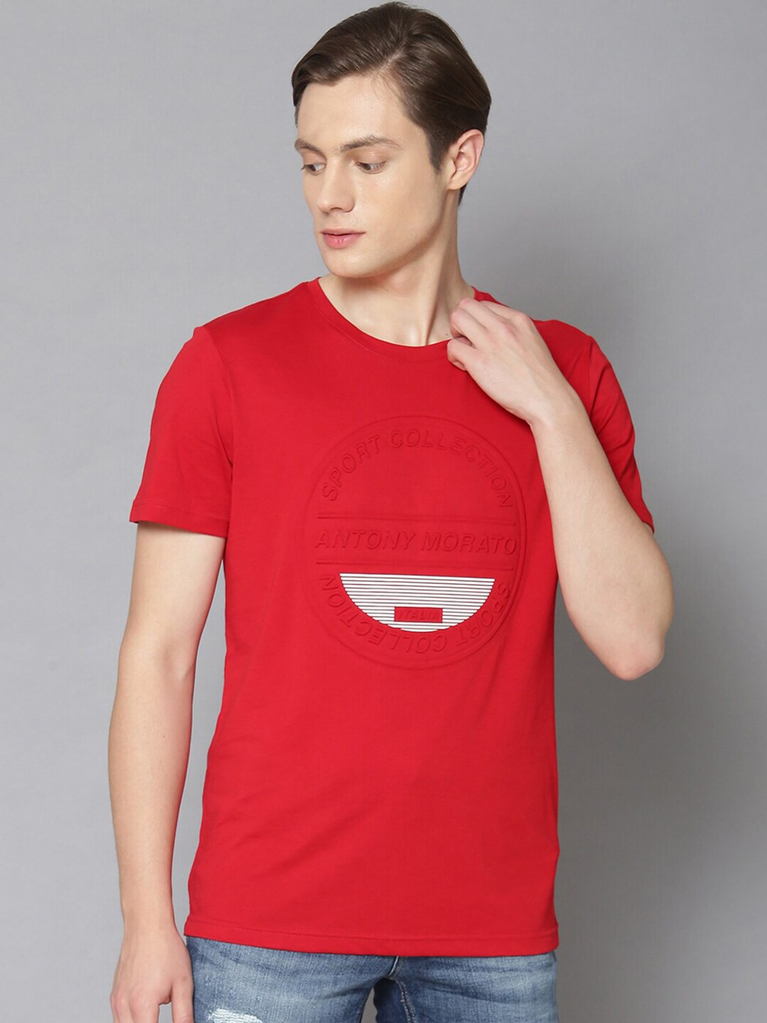 

Antony Morato Men Red Self Design Round Neck T-shirt