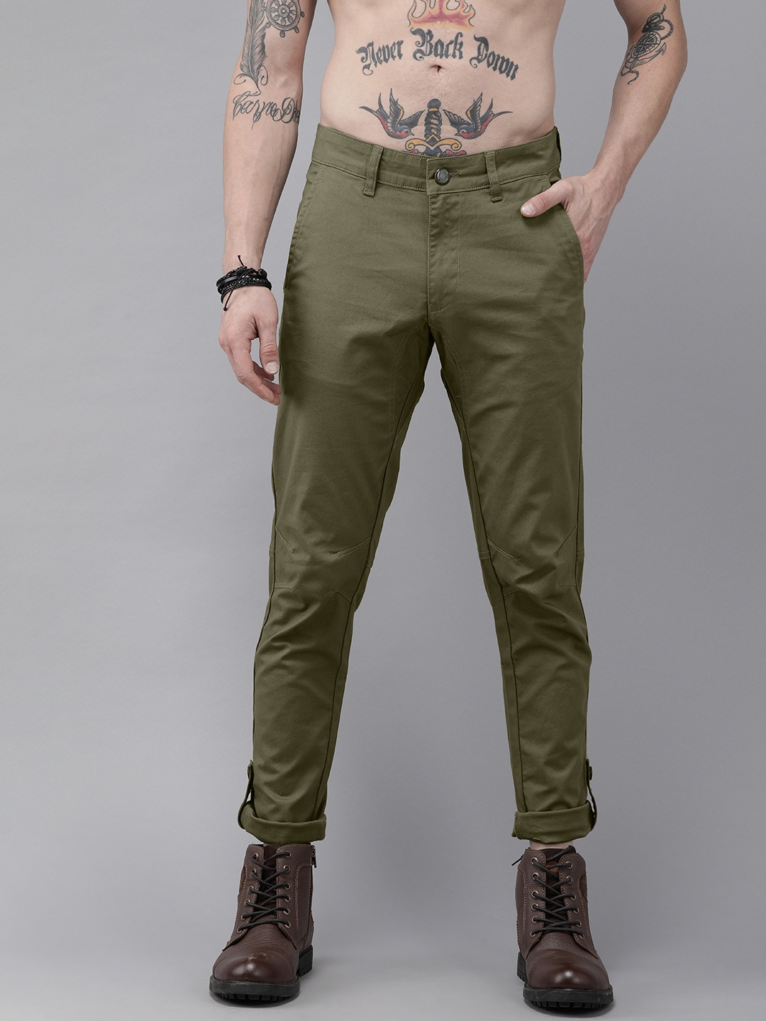 

Roadster x Discovery Adventures Men Olive Travel Chino with Reflective Tape Turn Up Hem