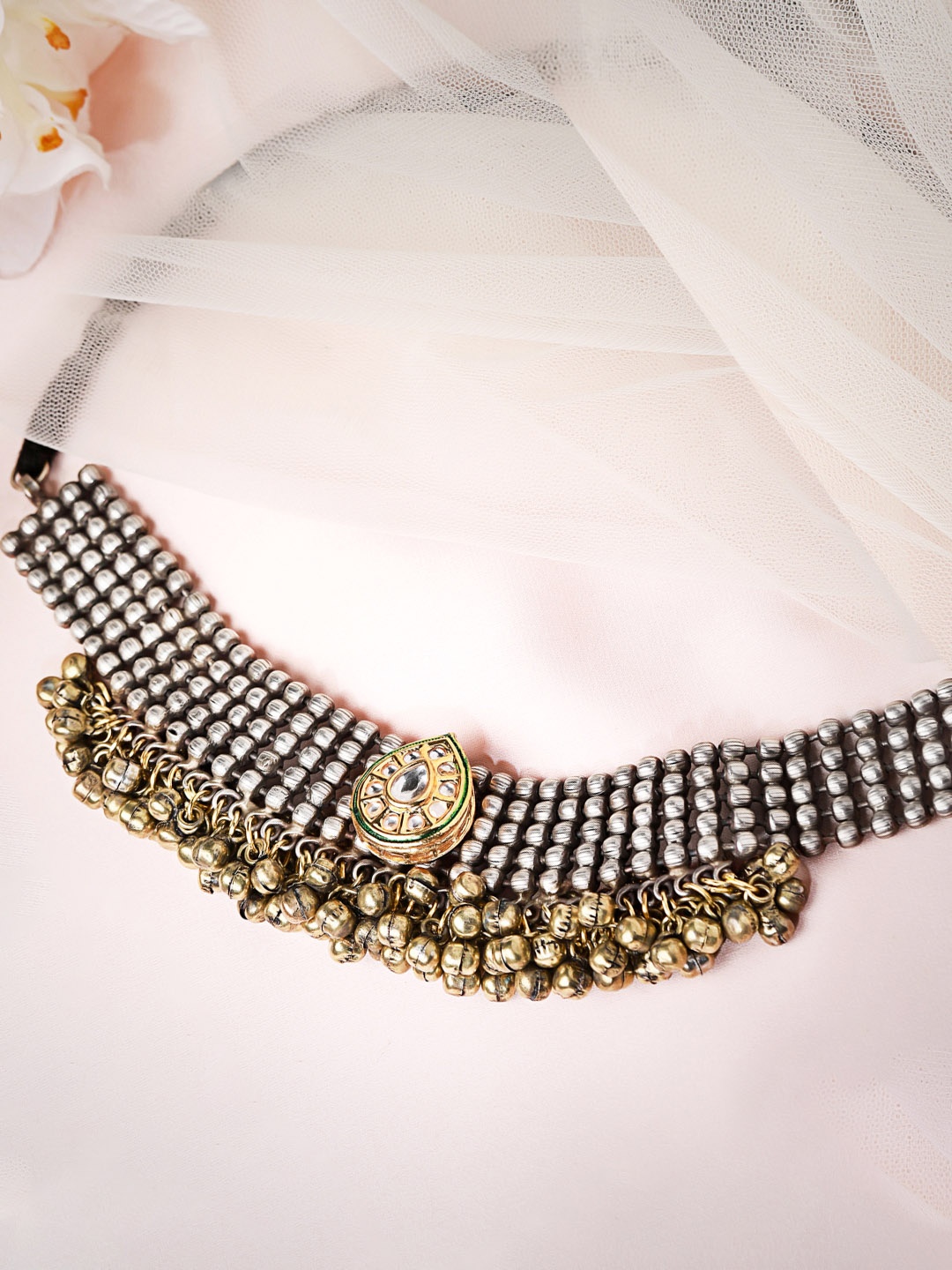 

Rubans Women Oxidised Silver Plated Handcrafted Kundan with Gold Ghungru Choker