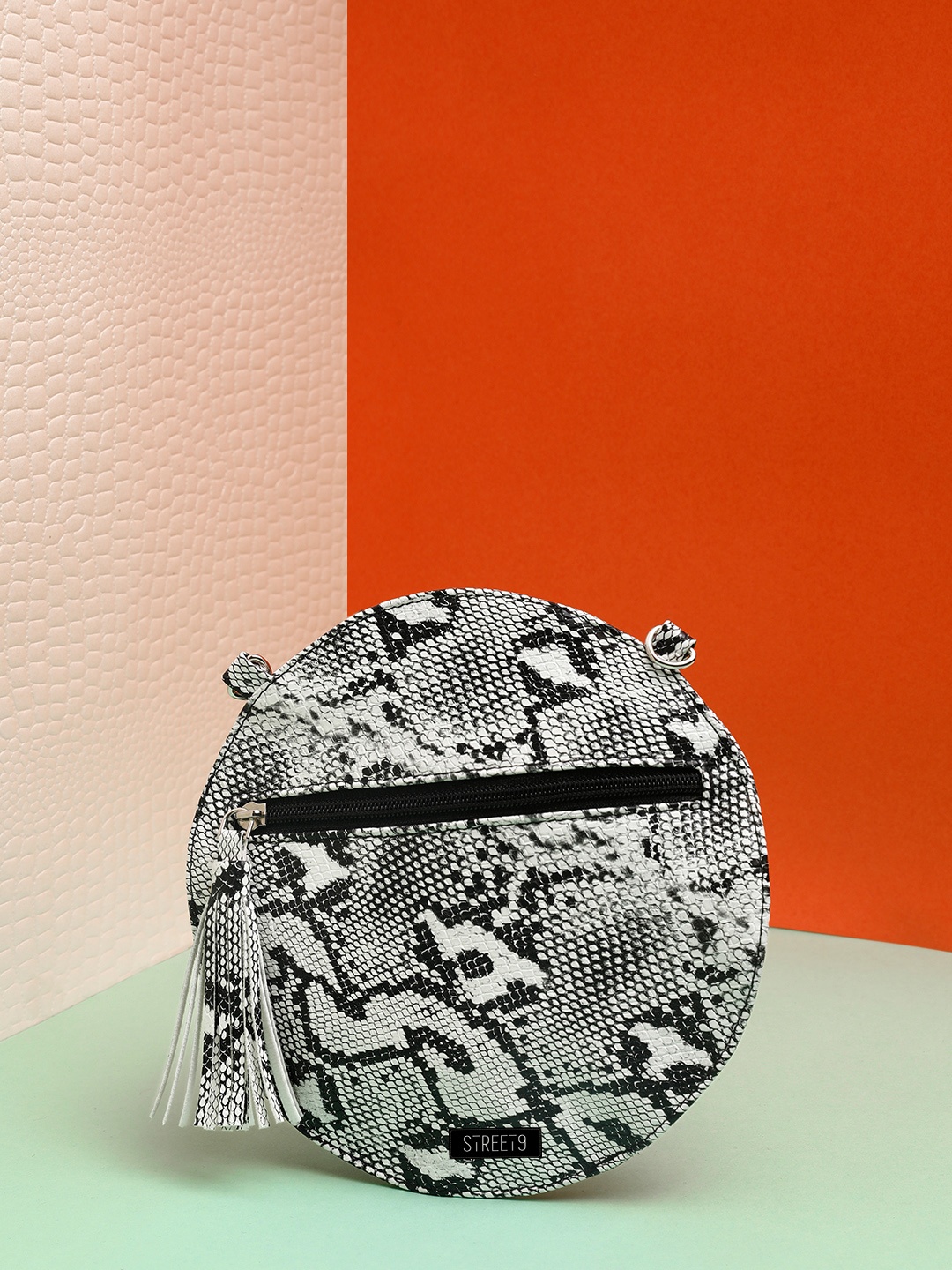 

STREET 9 White & Black Snakeskin Printed Tasselled Clutch