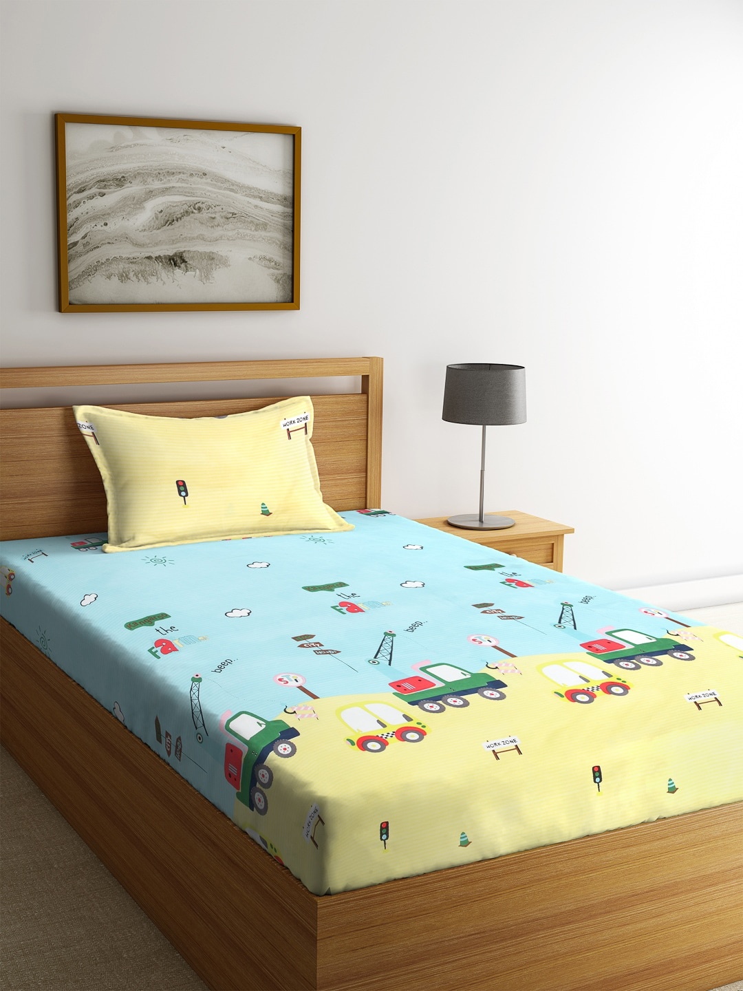 

KLOTTHE Blue & Yellow Conversational 210 TC Polycotton 1 Single Bedsheet with 1 Pillow Covers