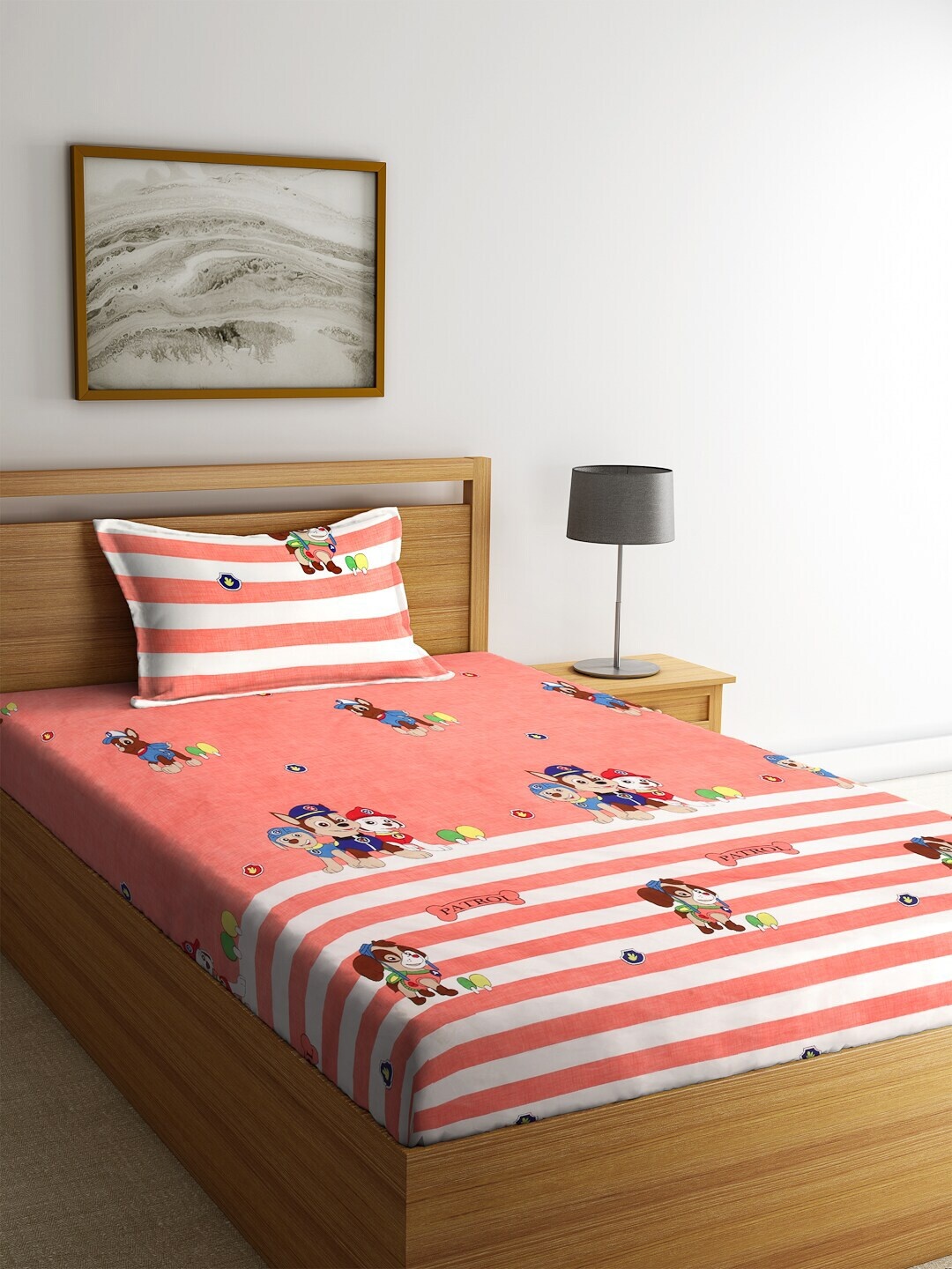 

KLOTTHE Peach-Coloured & White Graphic 210 TC Polycotton 1 Single Bedsheet with 1 Pillow Covers