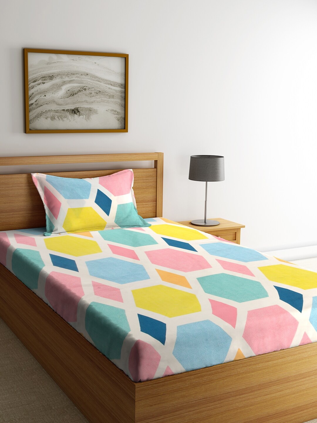 

KLOTTHE White & Pink Geometric 210 TC Polycotton 1 Single Bedsheet with 1 Pillow Covers