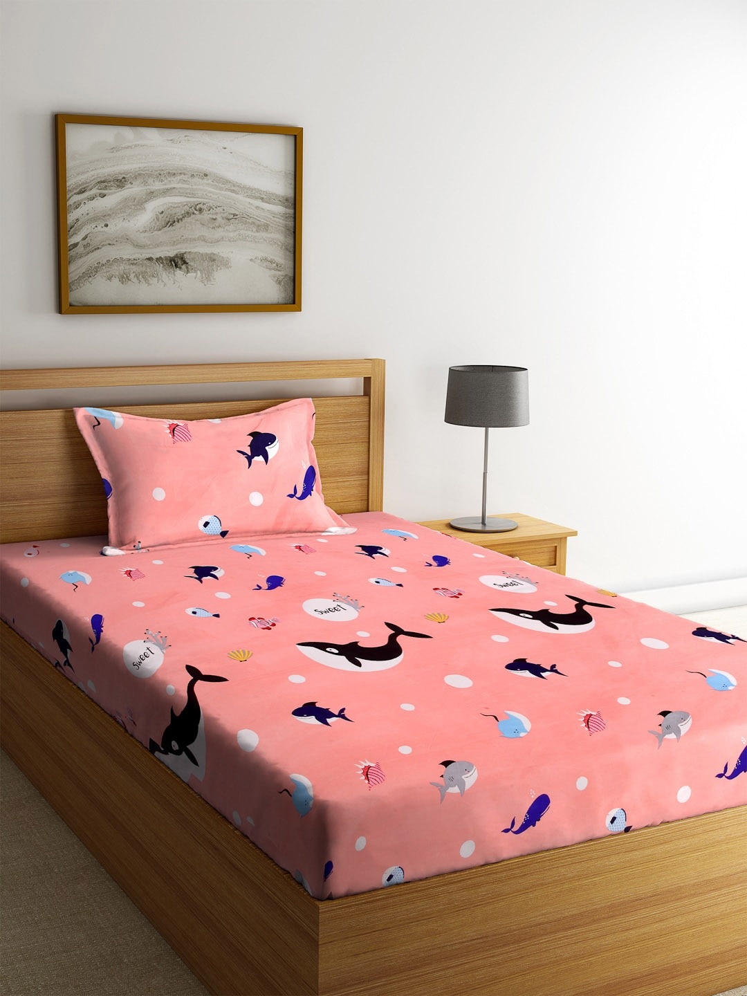 

KLOTTHE Peach-Coloured & Black Cartoon Characters 210 TC Polycotton 1 Single Bedsheet with 1 Pillow Covers