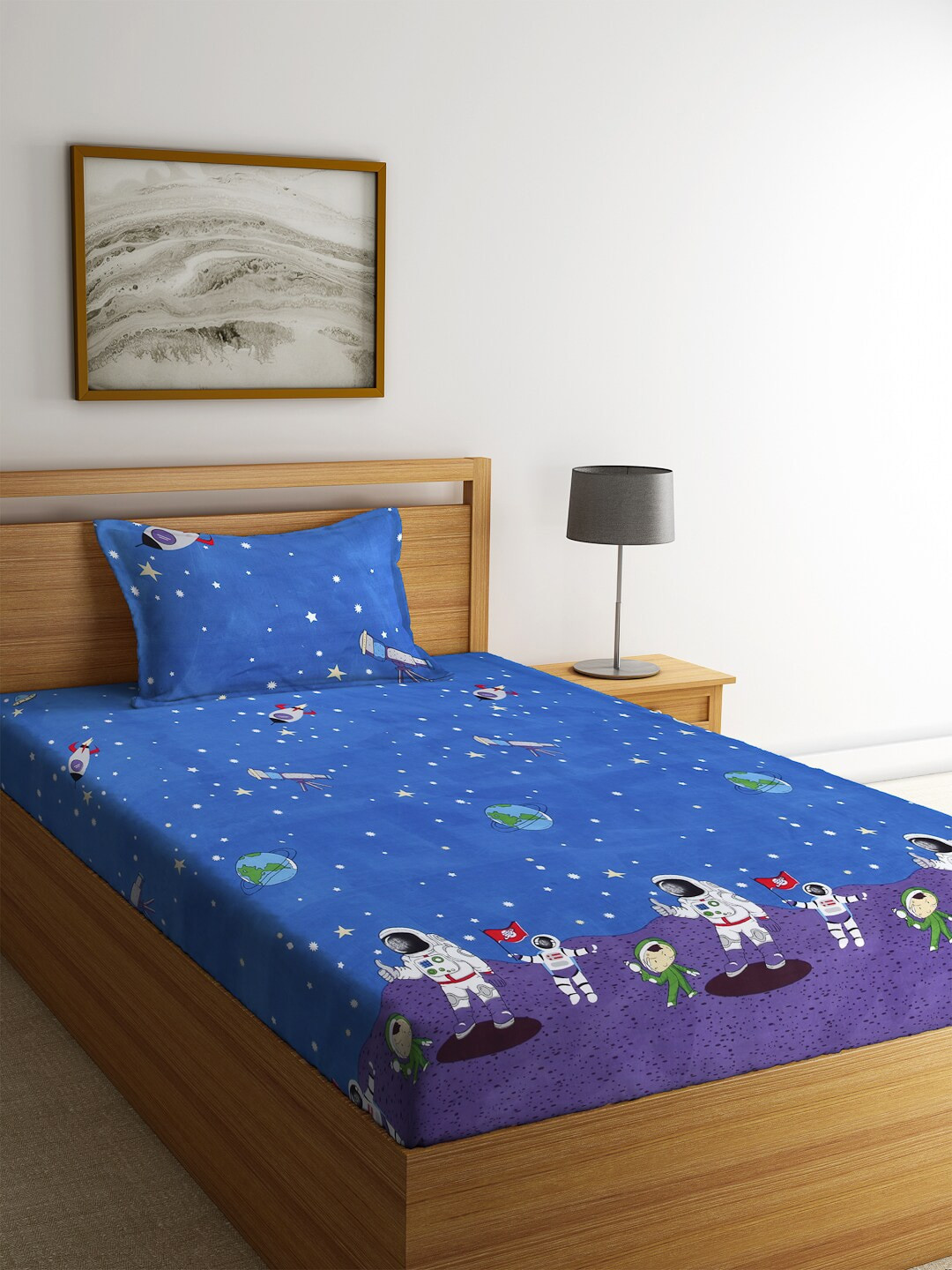 

KLOTTHE Blue & White Cartoon Characters 210 TC Polycotton 1 Single Bedsheet with 1 Pillow Covers