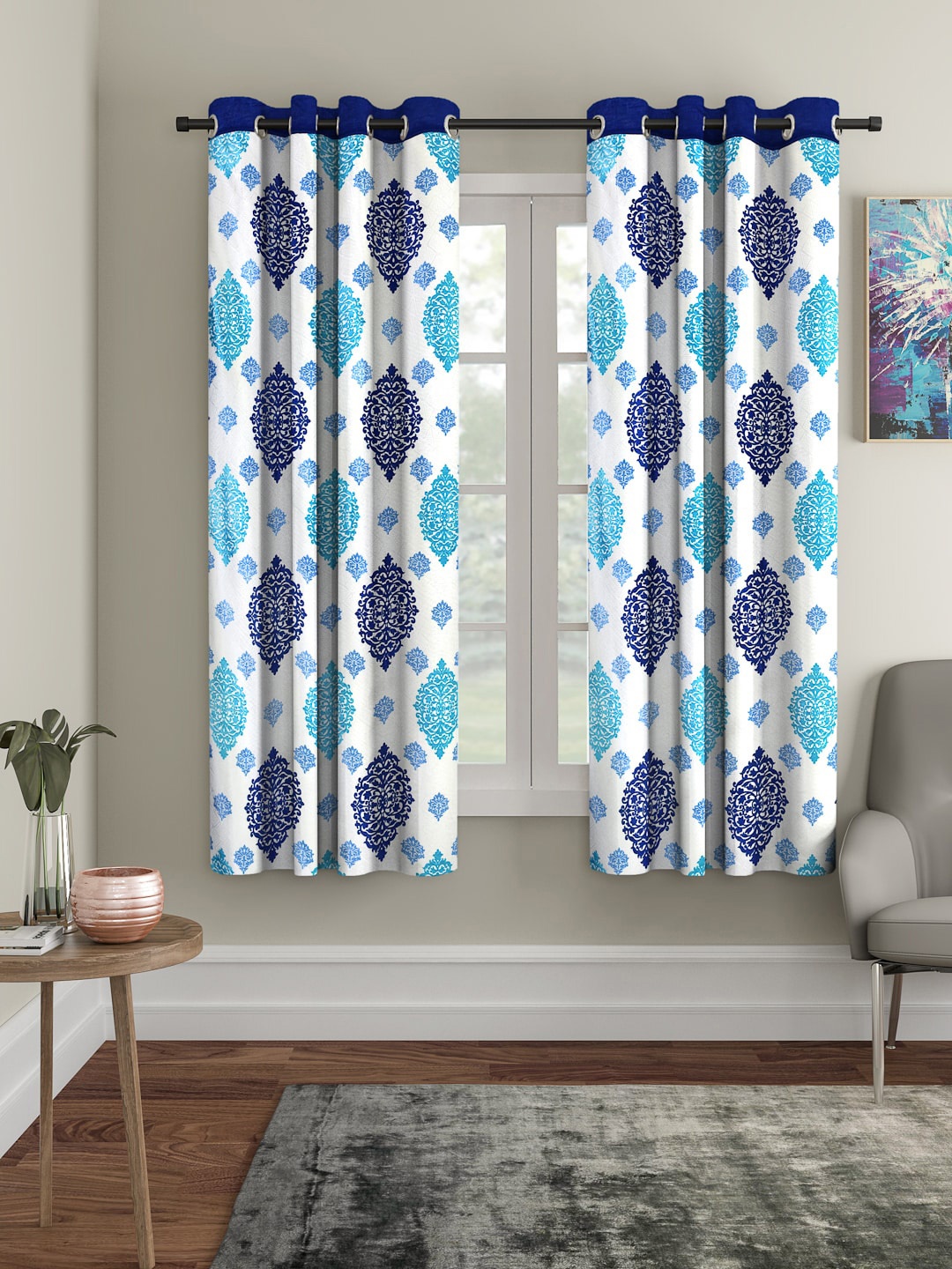 

Cortina White & Navy Blue Set of 2 Window Curtains