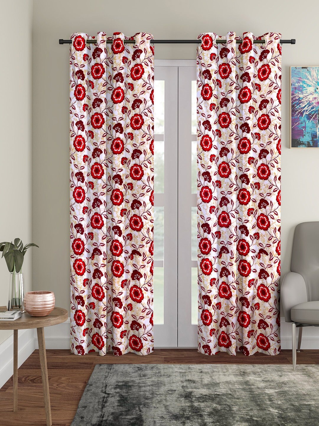 

Cortina Beige & Red Set of 2 Floral Printed Long Door Curtains