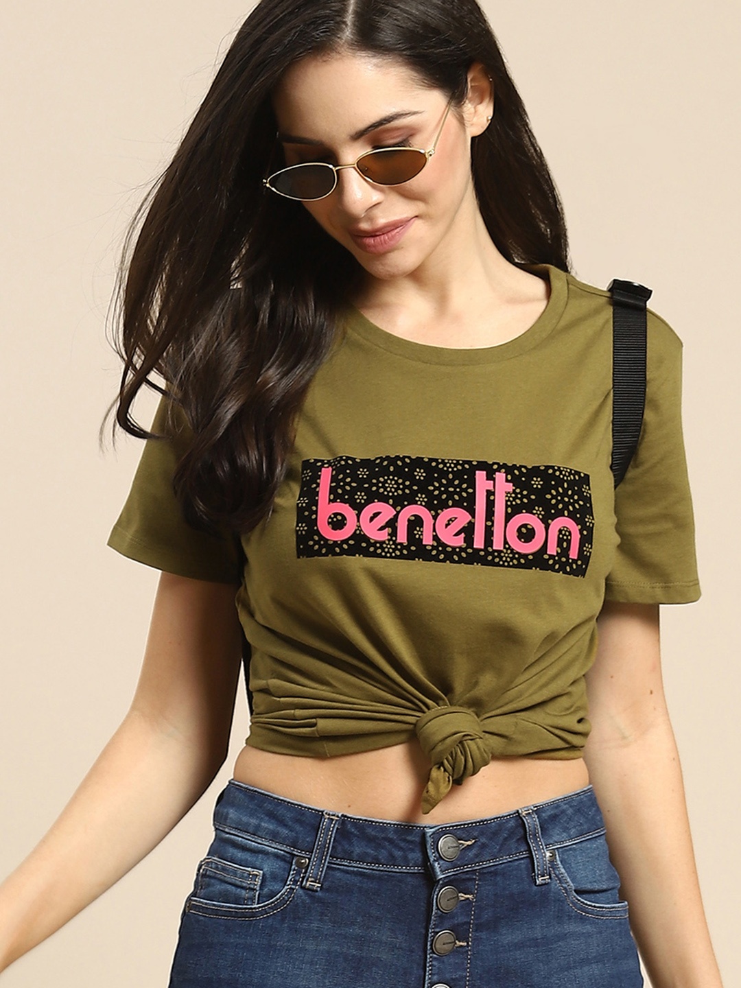 

United Colors of Benetton Women Olive Green Pure Cotton Brand Logo Print T-shirt