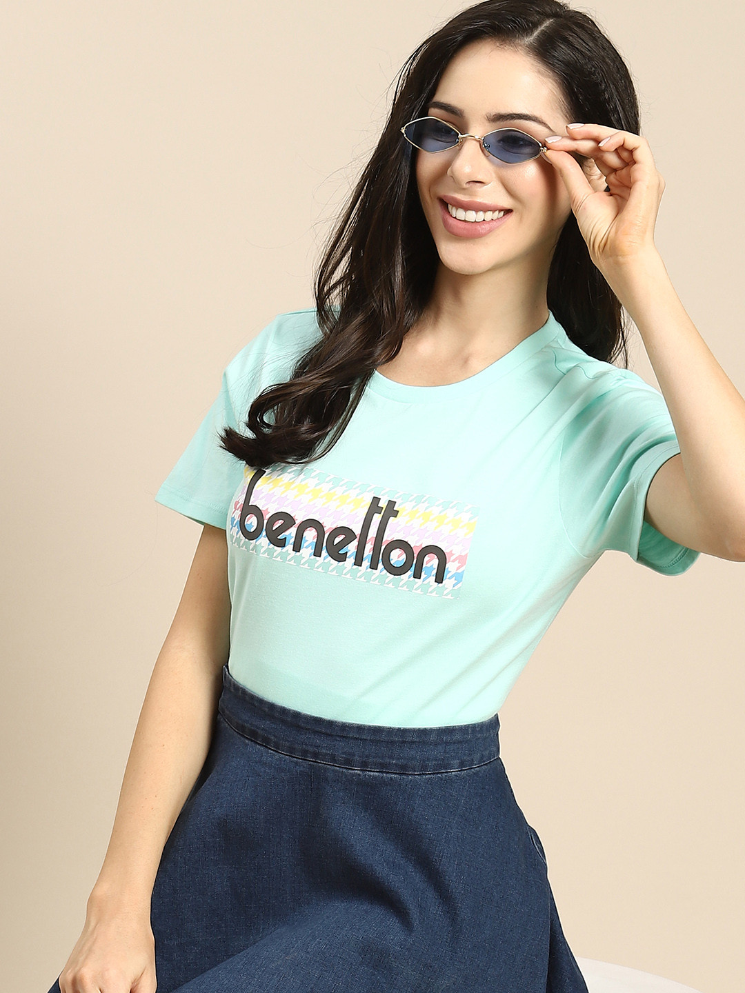 

United Colors of Benetton Women Green & Black Pure Cotton Brand Logo Print T-shirt