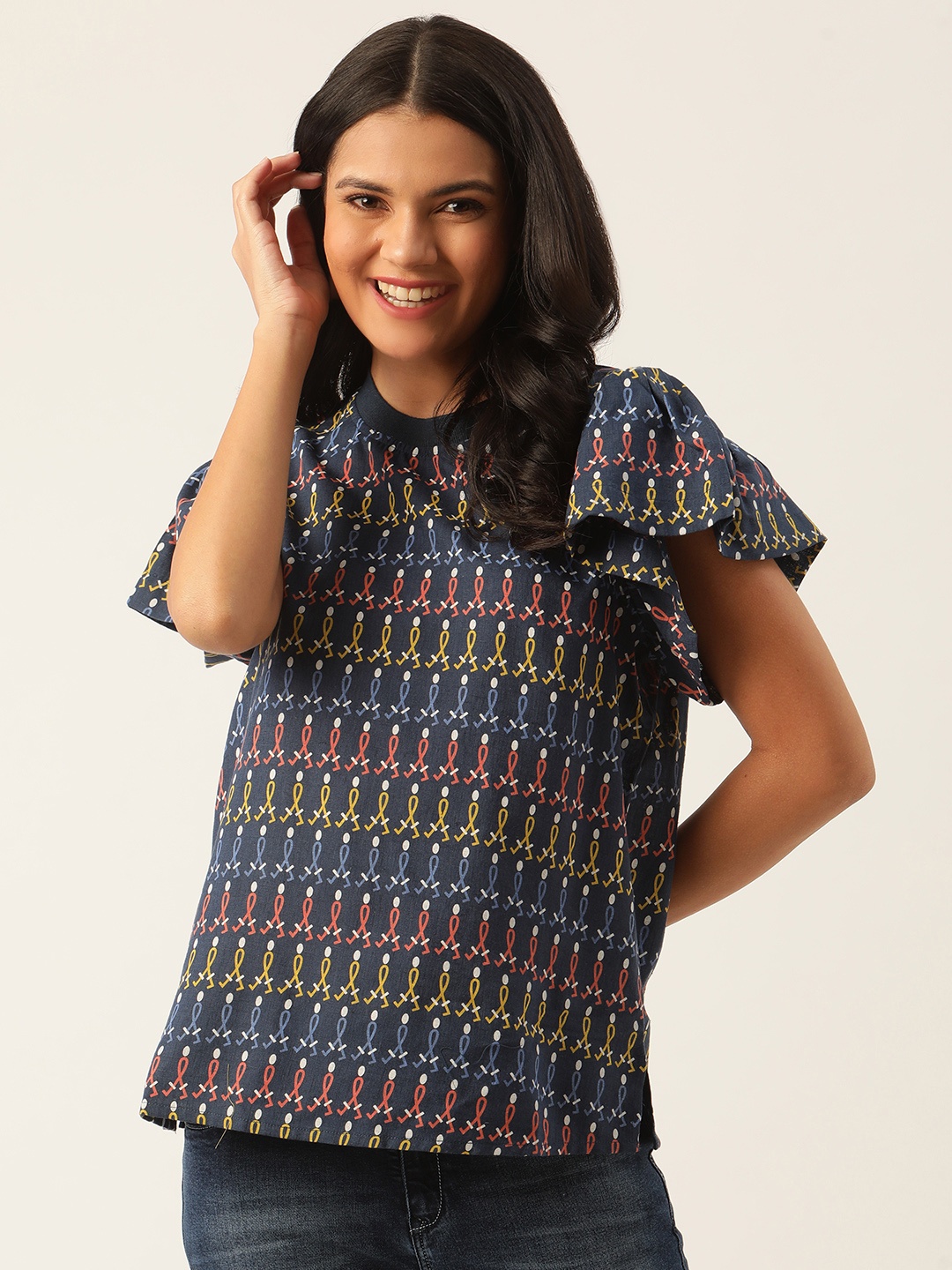 

United Colors of Benetton Navy Blue & Yellow Flutter Sleeve Regular Top