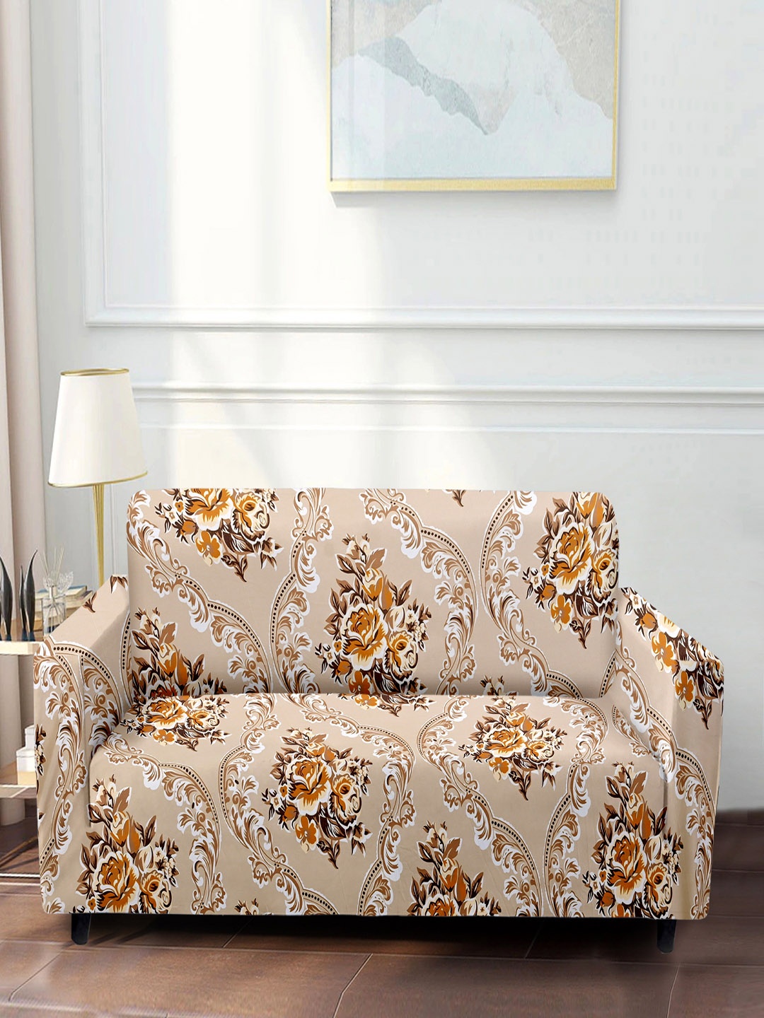

Cortina Beige & Brown Floral Printed 2-Seater Super-Stretchable Non-Slip Sofa Slipcover