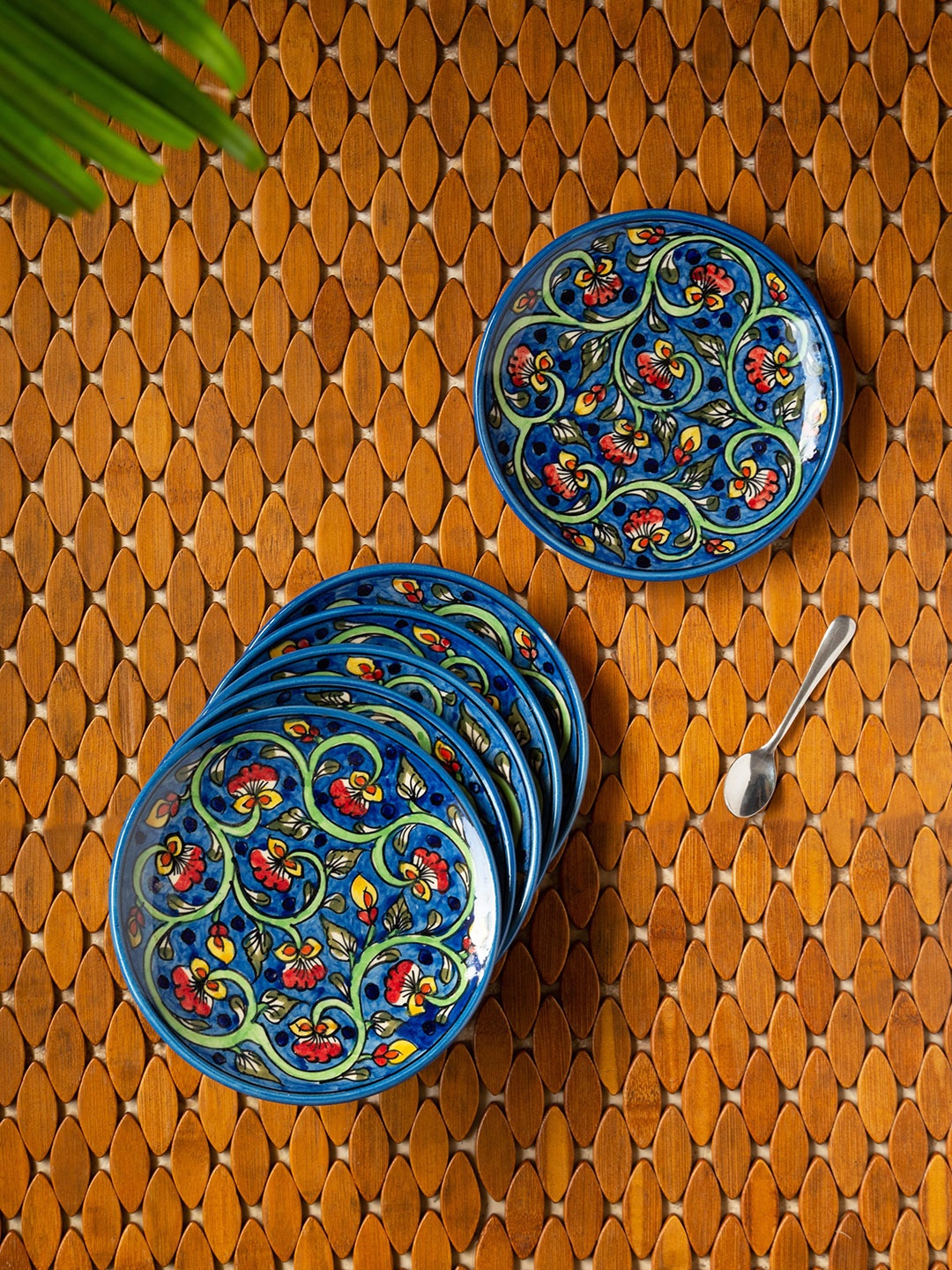 

ExclusiveLane Set of 6 Mughal Gardens Hand-painted Ceramic Side/Quarter Plates, Blue
