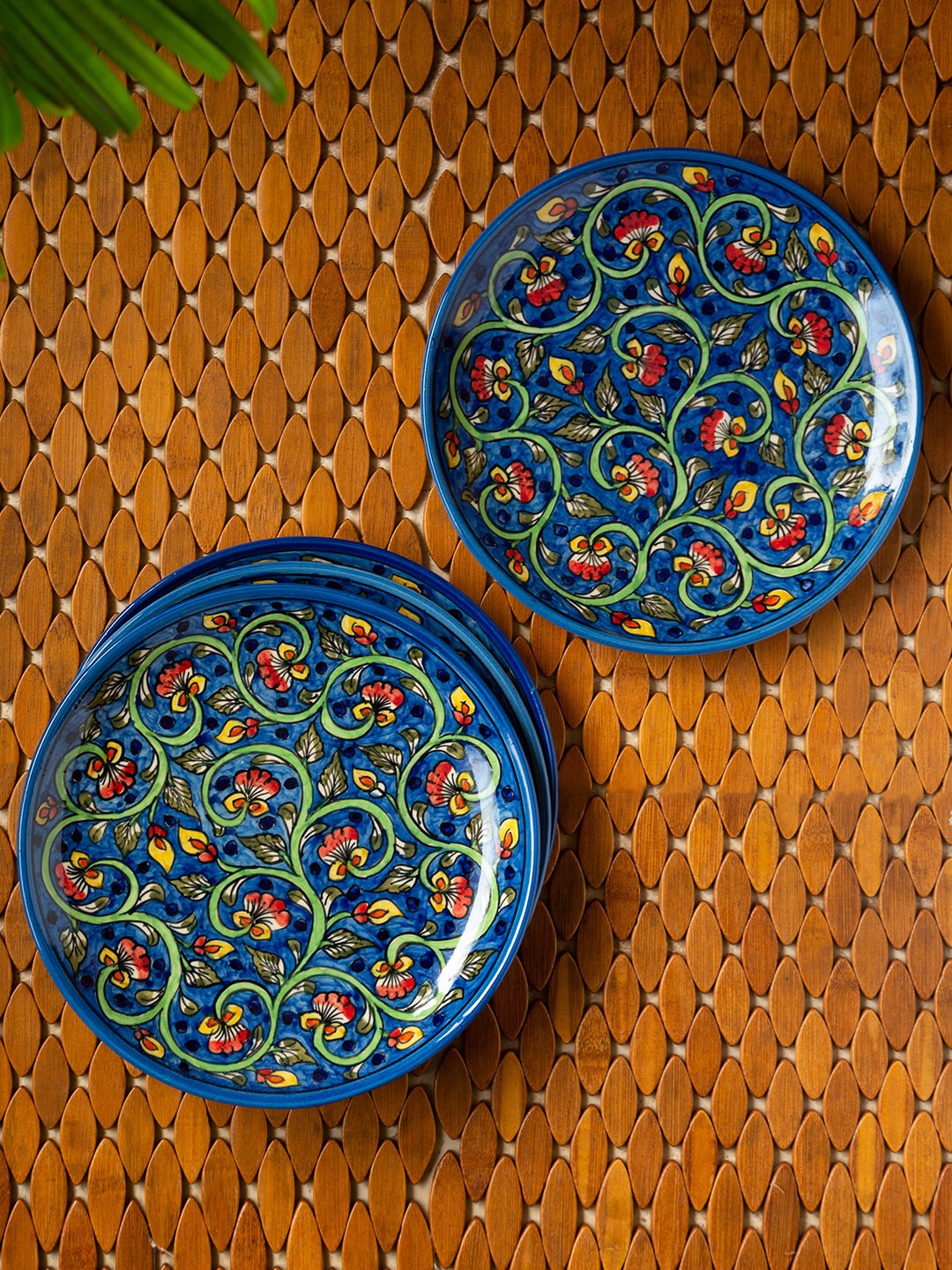 

ExclusiveLane Set of 4 Blue & Green Mughal Gardens Hand-Painted Ceramic Dinner Plates