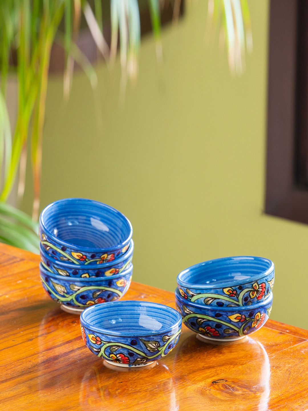 

ExclusiveLane Set of 6 Mughal Gardens Hand-Painted Microwave Safe Ceramic Bowls-160 ml, Blue